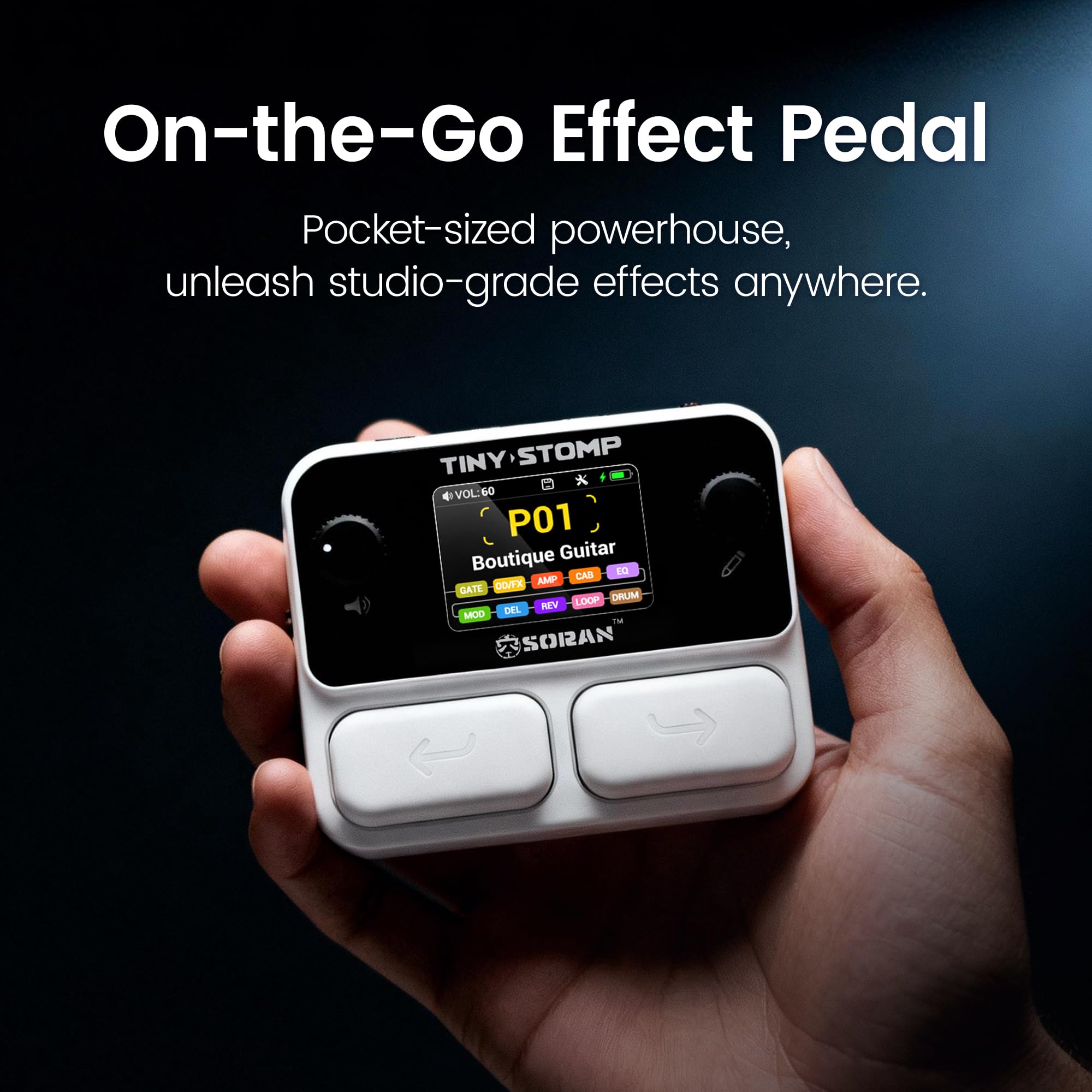 SORAN Tiny Stomp - Pedale per chitarra multi effetto, 125 effetti, 99 preset, 10 moduli, 40s Looper, 100 ritmi di batteria, 20 slot IR/NAM, interfaccia audio USB, pedale tascabile ricaricabile per