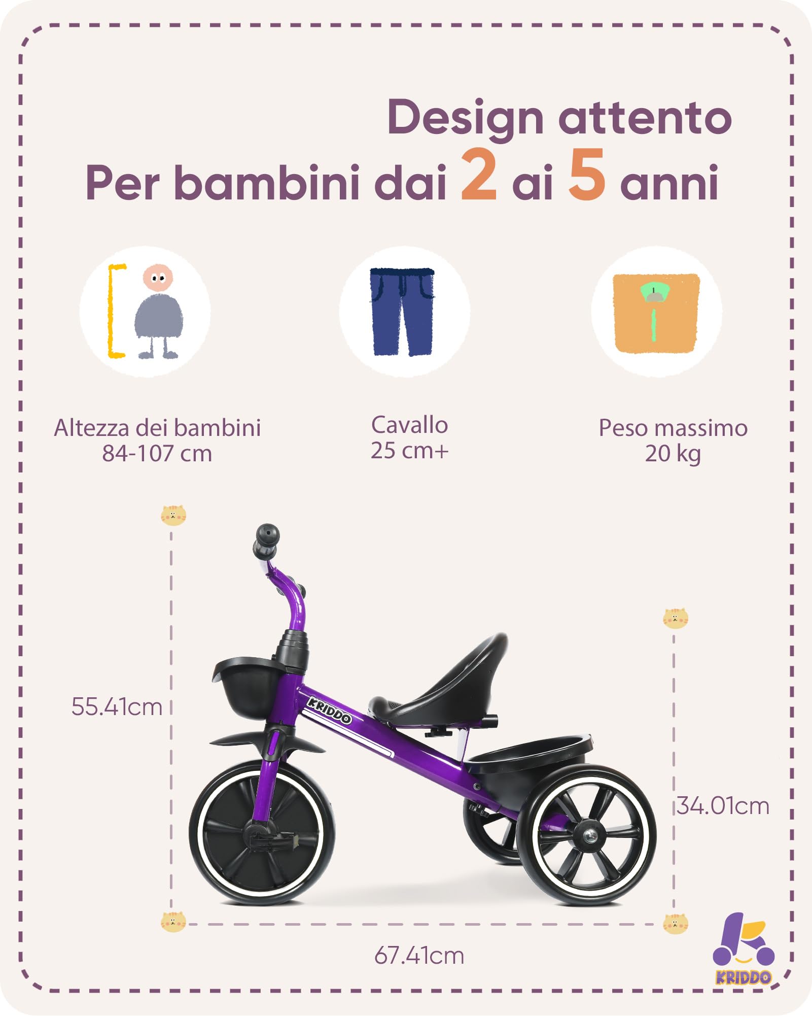 KRIDDO Triciclo per Bambini dai 24 mesi ai 5 anni, Tricicli per bambini da 2,5 a 5 anni, Triciclo Evolutivo da 2 a 4 anni, con Cestello Portaoggetti, Ideale da regalare, Viola