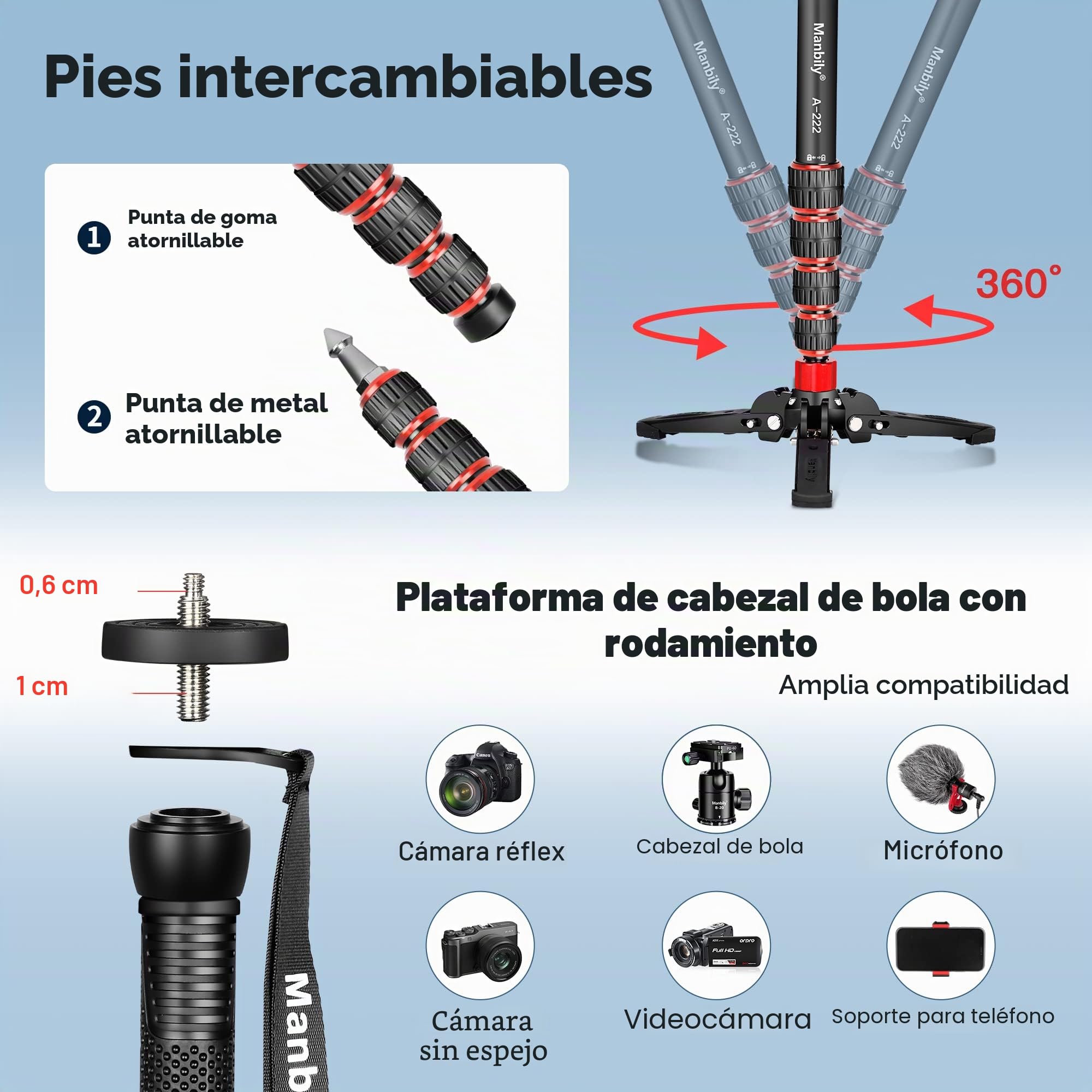 Manbily Monopié Extensible de Aluminio con Patas, Portátil de Viaje y Base de Trípode Desmontable para DSLR Cámara Canon Sony Nikon con Clip de Móvil, 5 Secciones 170cm, Carga Máxima de 7KG (A-222)