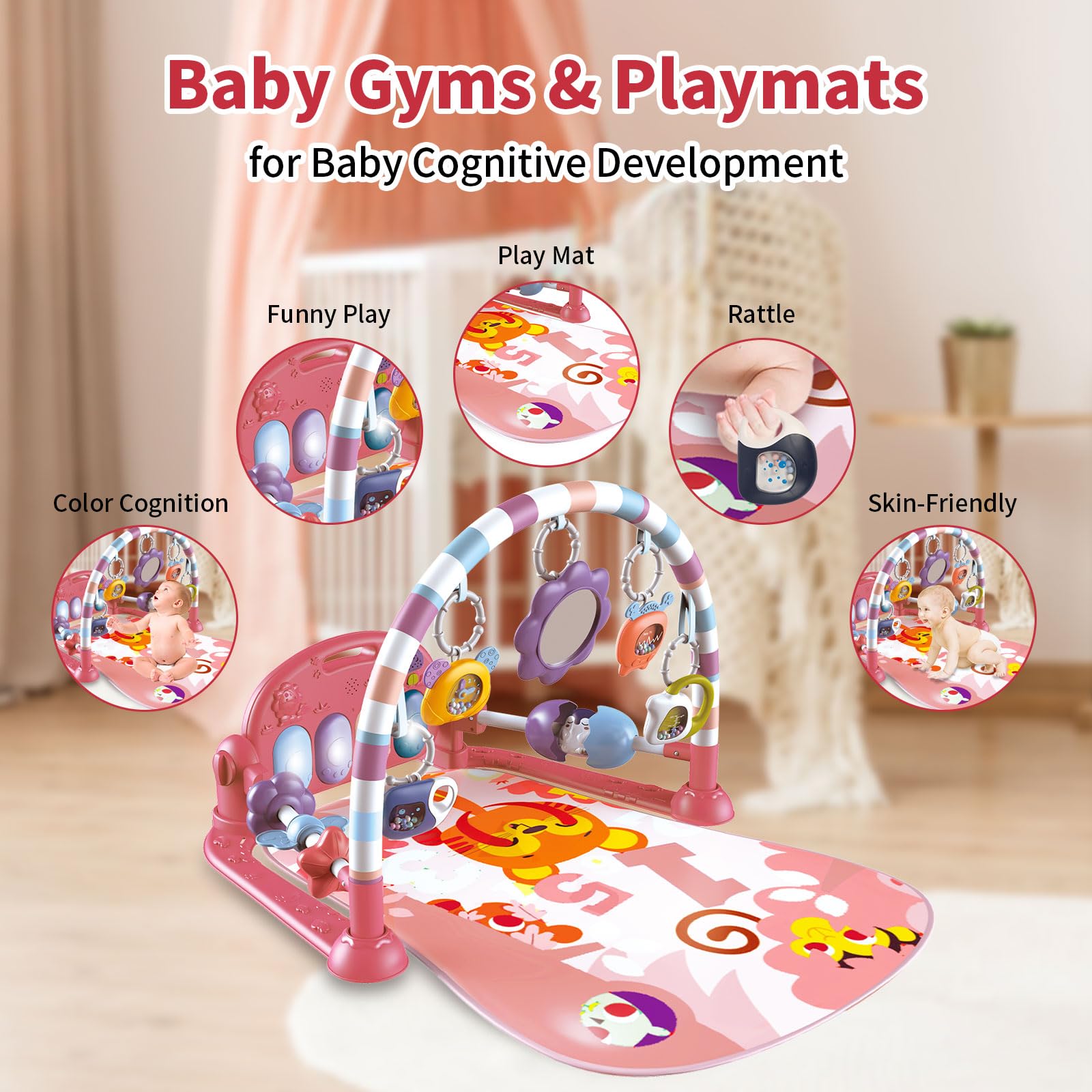 Tapete de juego de gimnasio para bebé, tapete de piano para bebé, luces para patear y jugar, juguetes para el tiempo boca abajo, para actividades musicales, visuales, auditivas, sensoriales, de 2