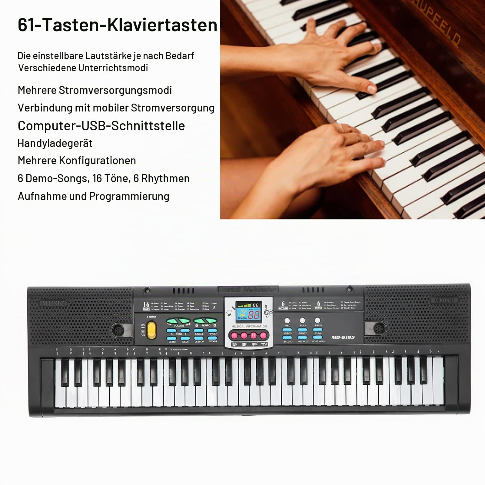 61 Tasten Mini Elektronisches Keyboard Schwarz | Tragbares Kinder Klavier Mit Mikrofon, 16 Klangfarben 6 Rhythmen Lernfunktion Aufnahme USB Stromversorgung Für Anfänger