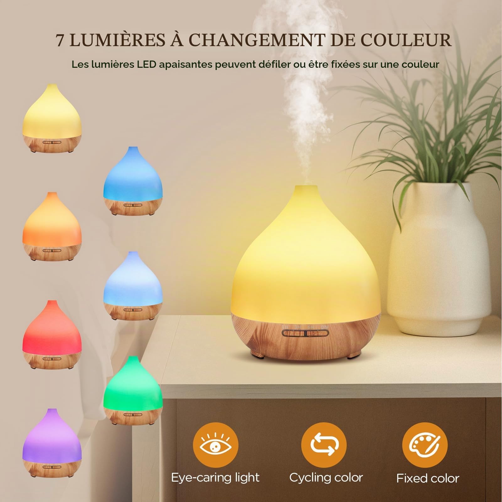 Cozary Diffuseur d'Huile Essentielle, 400ml Ultrasonique Diffuseur Huiles Essentielles Electrique avec Télécommande 3 Minuterie, 7 Couleurs LED Humidificateur d'air, Arrêt Automatique