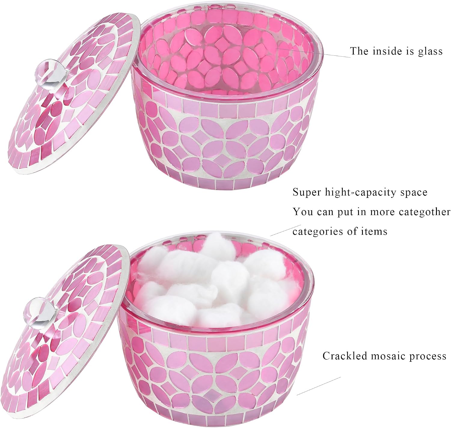 Bathroom Qtip Holder, Pink Floss Pick Dispenser, Canister Jar Qtip Dispenser Holder Mosaic Glass with Lid- for Cotton Swabs,Bath Salts, Hair Band, Cotton Balls and Candy Jar image 3