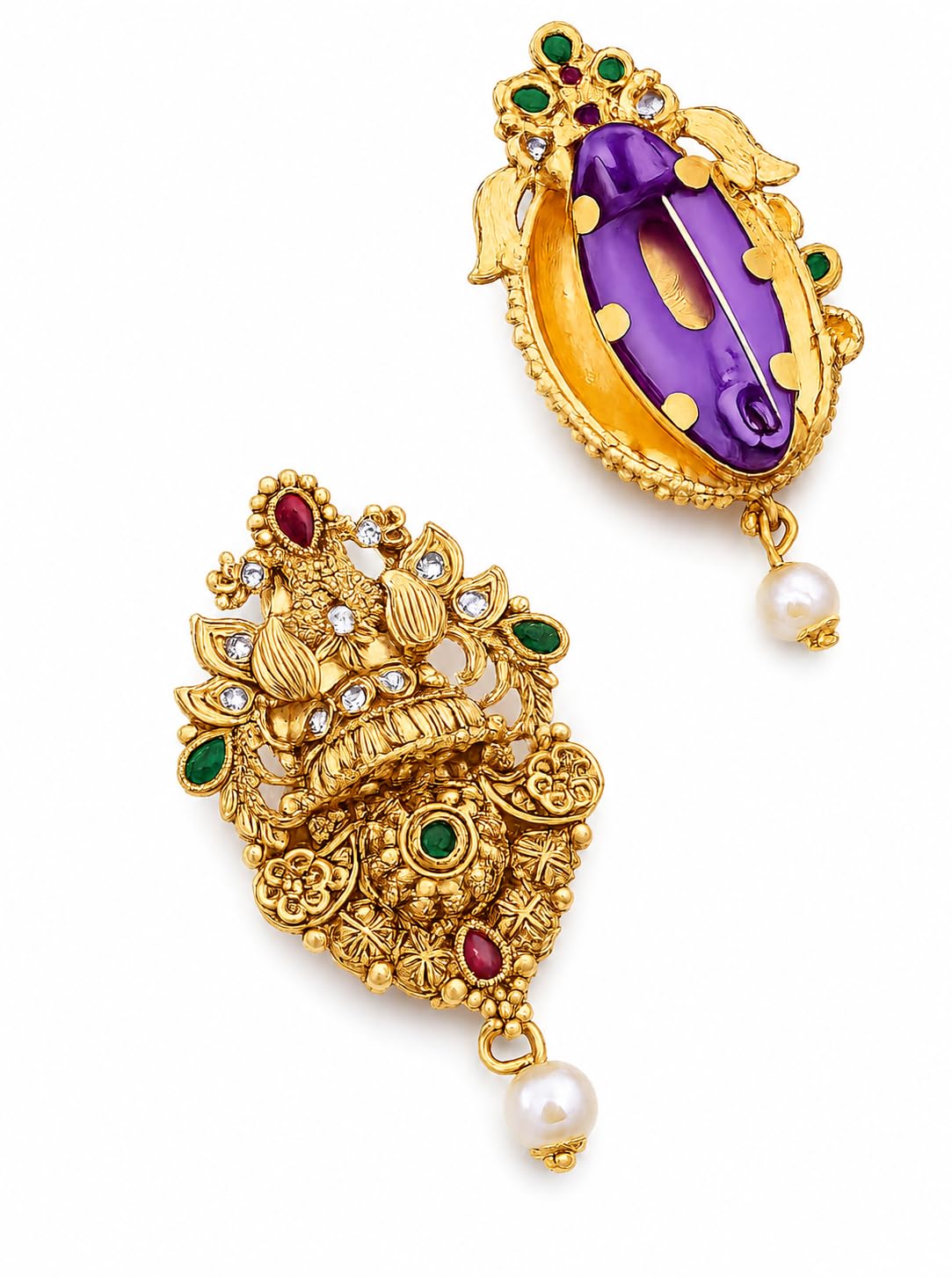 Traditional Gold-Tone Saree Pin with Krishna Motif, Multicolour Stone Accents and Pearl Drop, Oval Shape-image-26