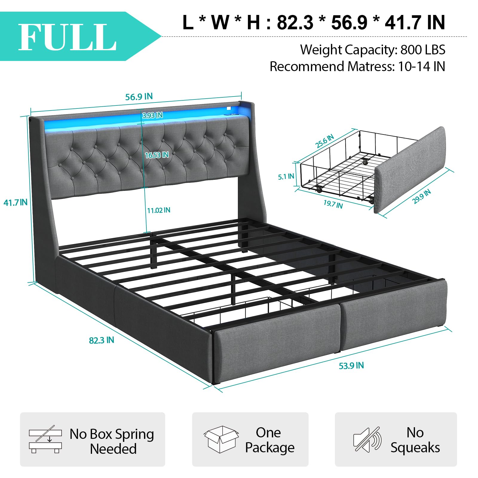 Queen Bed Frame with 2 Storage Drawers, Platform Bed Frame Queen Size with LED Light, Upholstered Headboard, Charging Station, Steel Slat Support, No Box Spring Needed, Noise-Free, Easy Assembly, Gray: Full Button Tuffed & 2 Drawers