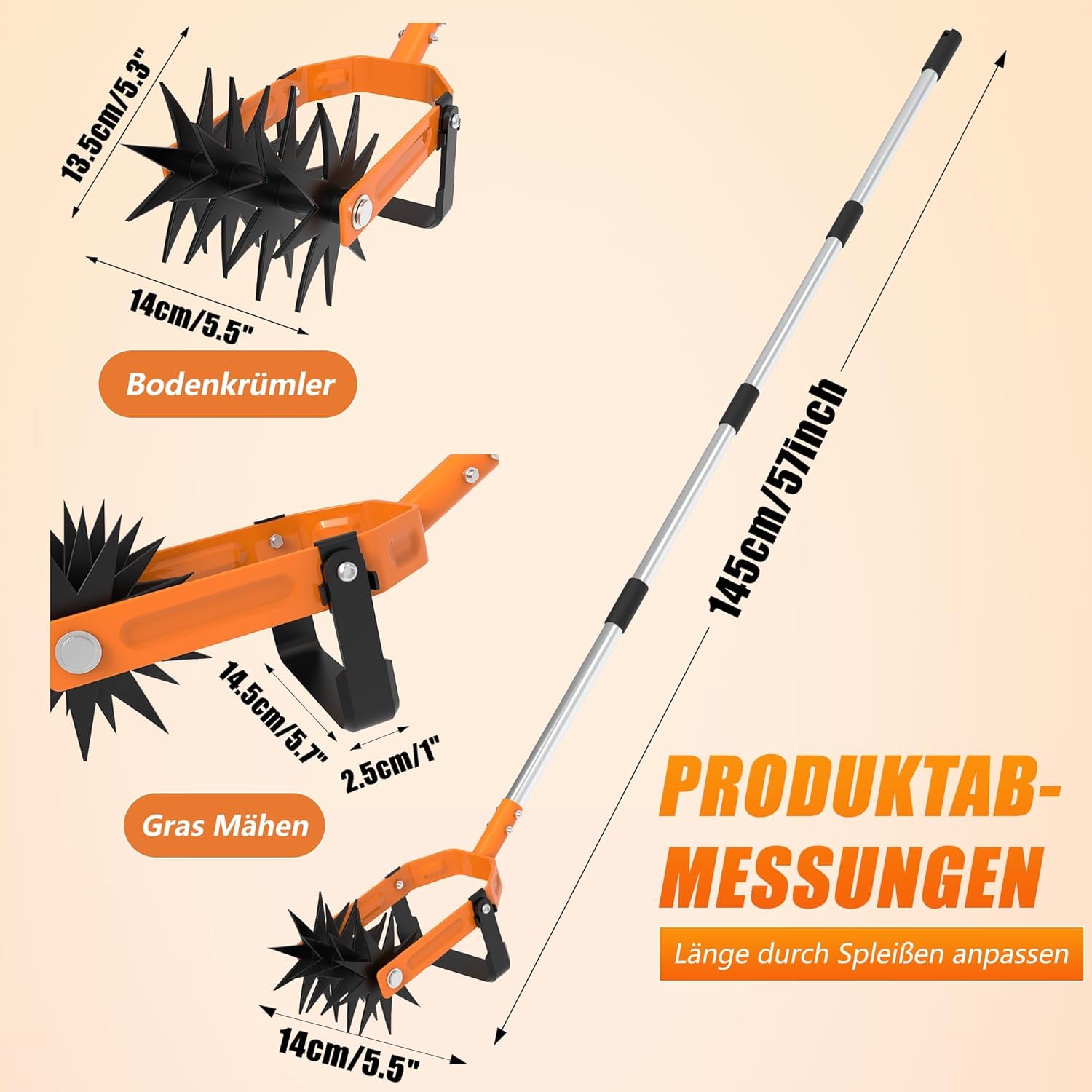 Sternfräse, Gartenfräse mit Edelstahlgriff, Kultivator für Garten, gegen Unkraut & Moos, Krümler zum Lockern des Bodens, Bodenkrümler mit Rechenzinken, Rollkultivator