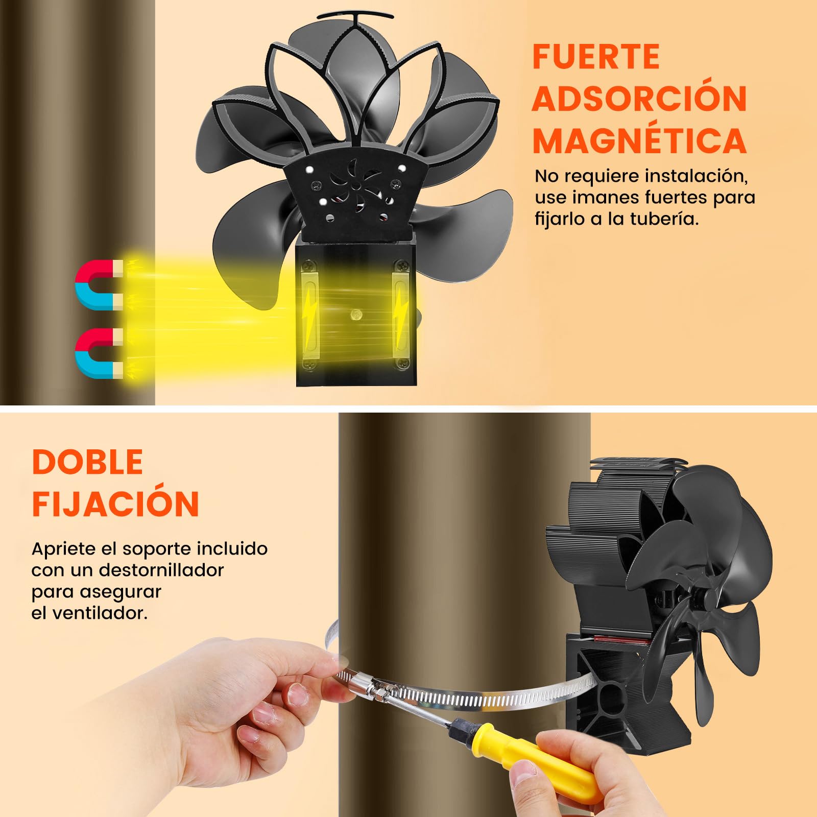 JossaColar Ventilador estufa leña Magnético 6 Aspas, ventilador chimenea leña con termómetro magnético, ventilador de chimenea, ventilador estufa