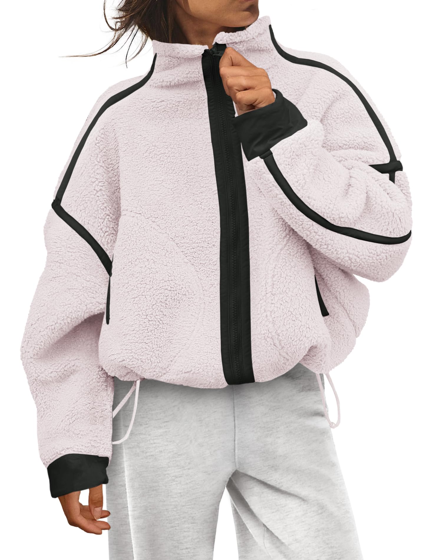 Panadila Women's Fleece Zip Up Jacket - White Black Combo