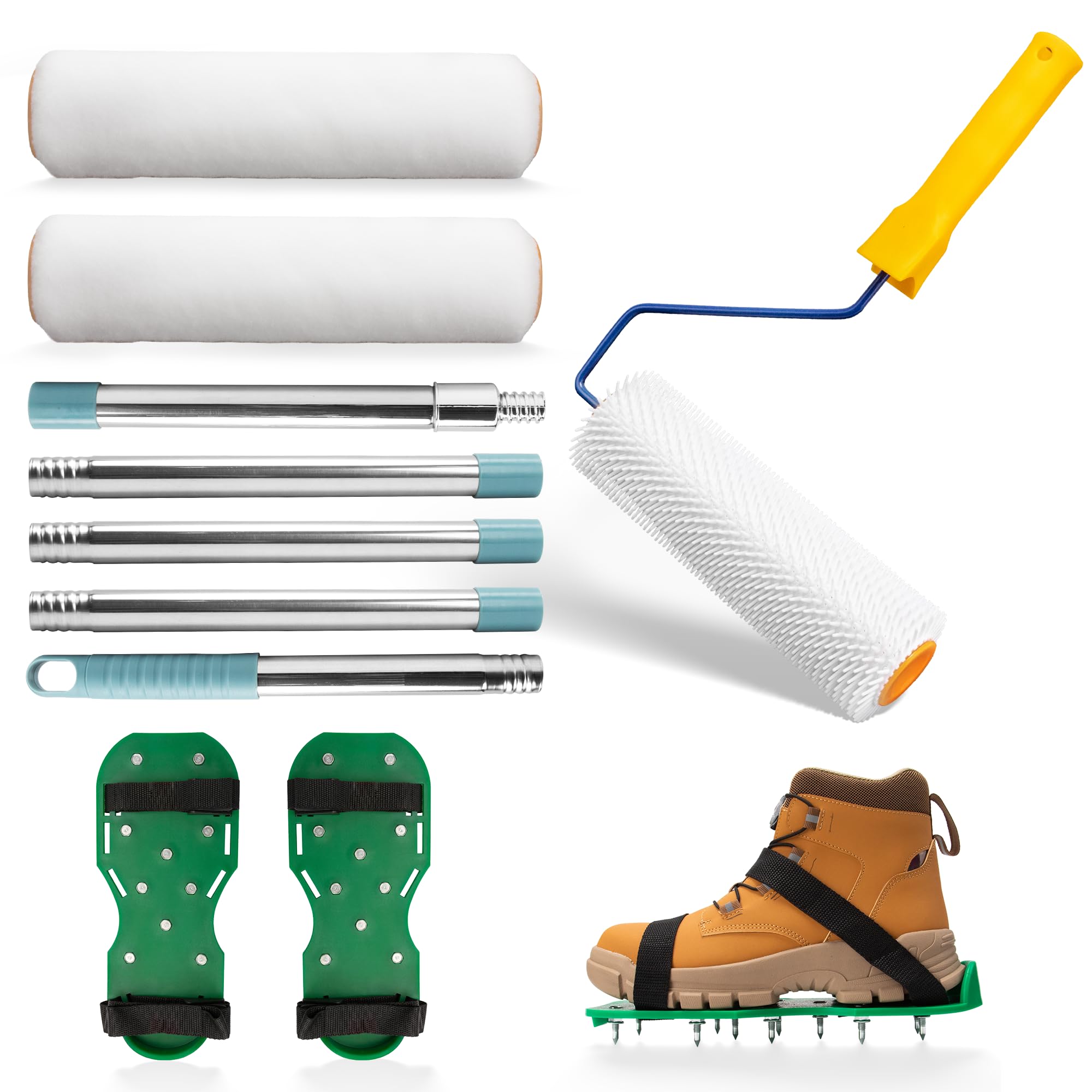 kit de Herramientas de Autonivelación de Cemento, Rodillo de Púas Autonivelante 23 cm 2 Rodillo Pintura 23 cm Puntas de Pisos Palo Telescopico Limpieza 1,5 m, Mortero Autonivelante