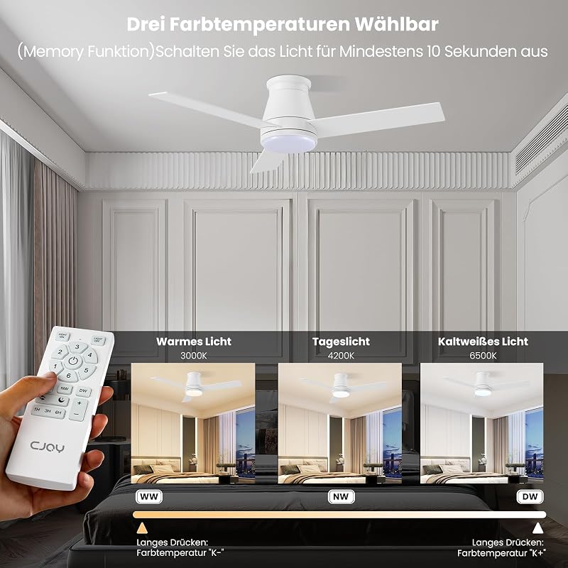 CJOY 107 cm fehér mennyezeti ventilátor távirányítóval, LED világítással, dimmelhető, alvási mód - 107cm