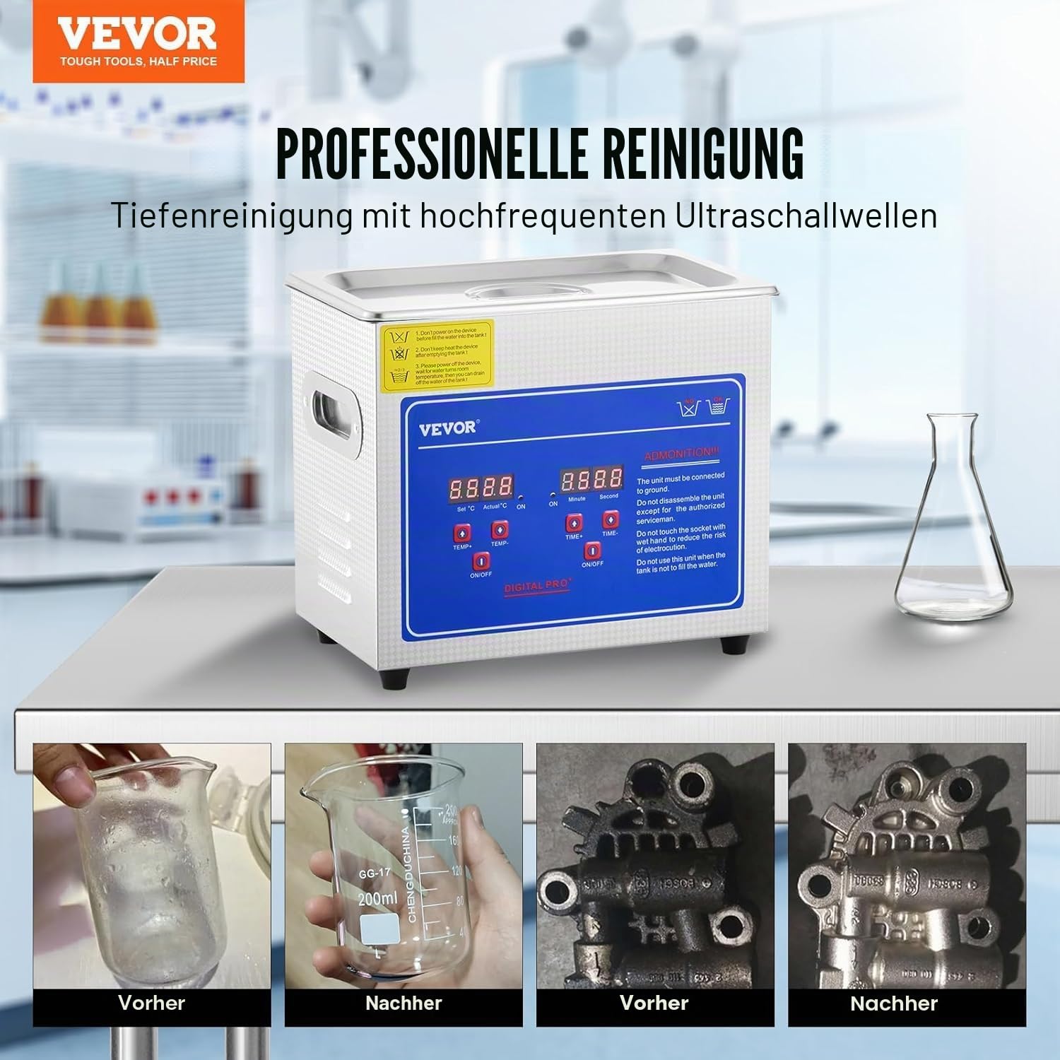 VEVOR Ultraschall-Reinigungsmaschine, 3 l, Ultraschall-Reinigungsmaschine aus Edelstahl, digitaler Heiz-Timer, Schmuckreinigung, für den persönlichen gewerblichen Gebrauch (3L)