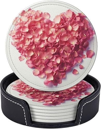 Juego de 6 posavasos de cuero con forma de corazón con pétalos florales y protección contra derrames para mesa, bonitos posavasos para tazas,