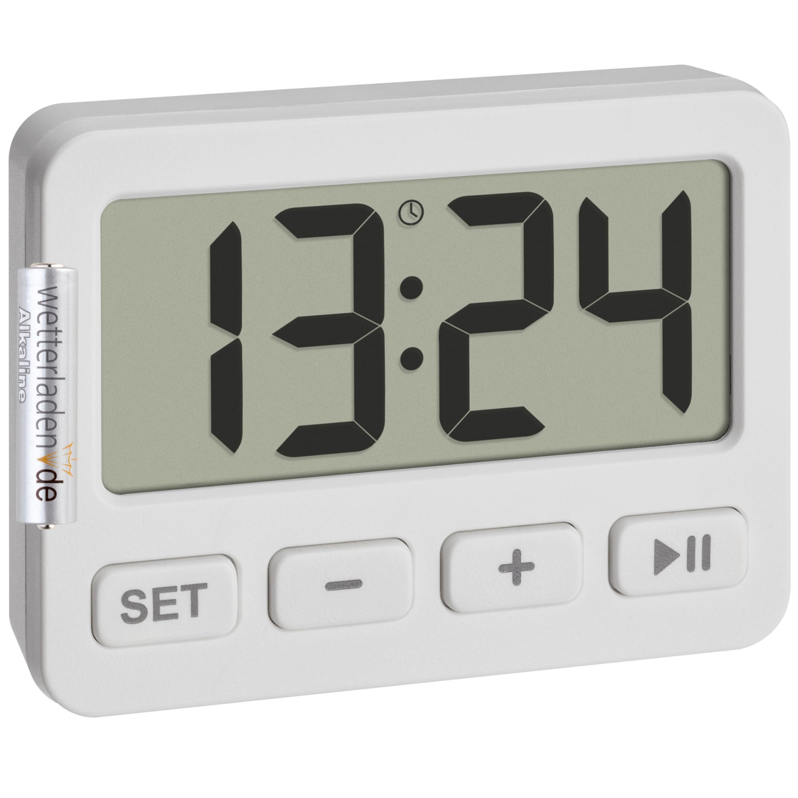 TFA Dostmann 60.2036 Mini Digital Clock showing time 13:24 with SET, minus, plus, and play/pause buttons