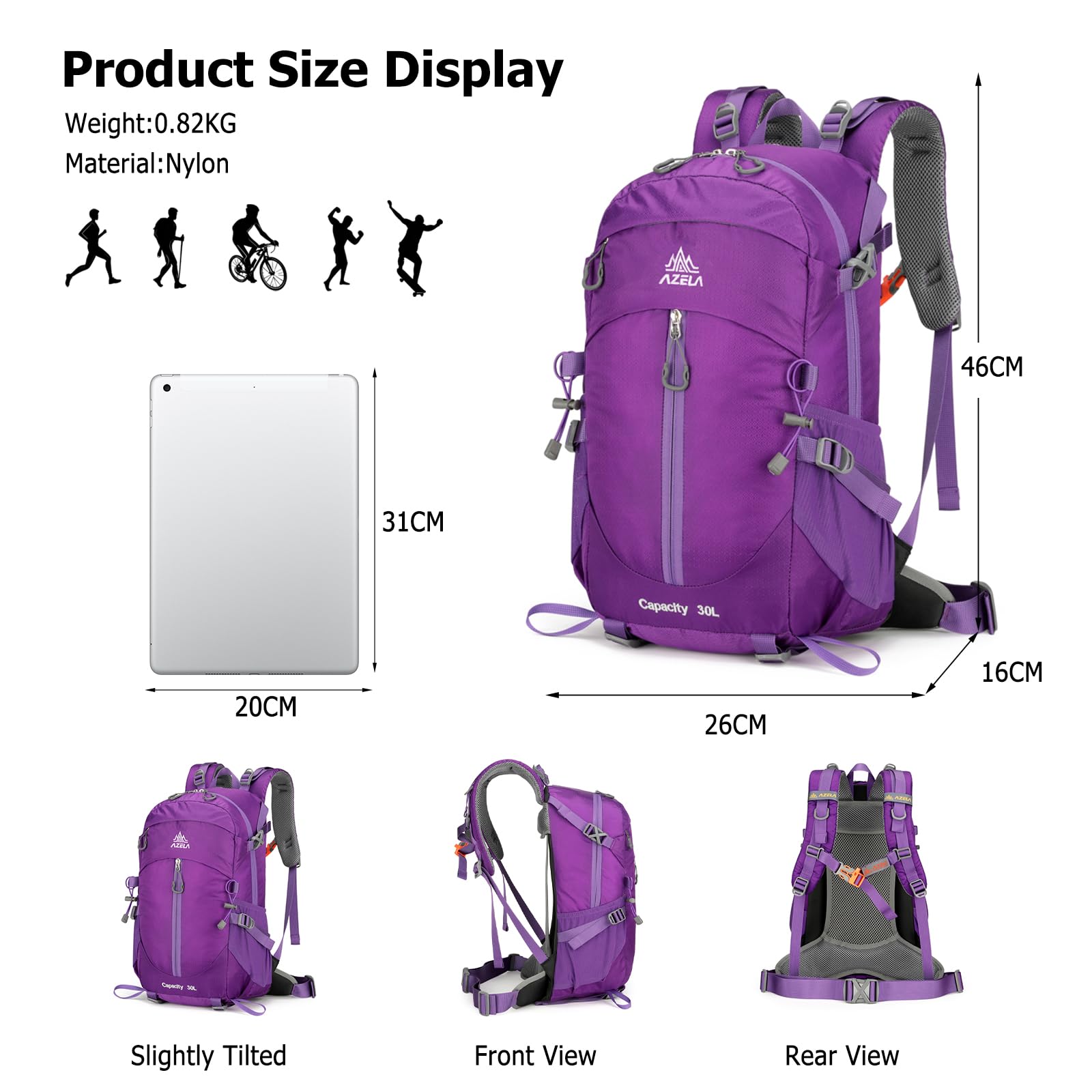 Zaino da Trekking 30L Zaino Nylon Impermeabile Durevole Zaini Backpack per Donna Uomo Campeggio Arrampicata Passeggiate Viaggio Sport Viola