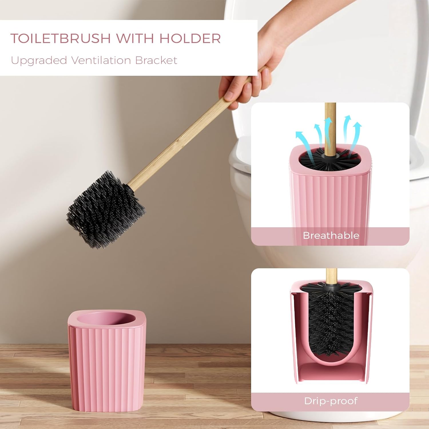 BSSN 10-Piece Pink Bathroom Accessories Set - Unbreakable Modern Bath Decor with Bamboo Accents - Includes Trash Can, Toilet Brush, Soap Dispenser, Tray, 2 Q-tip Holders - Complete Essentials