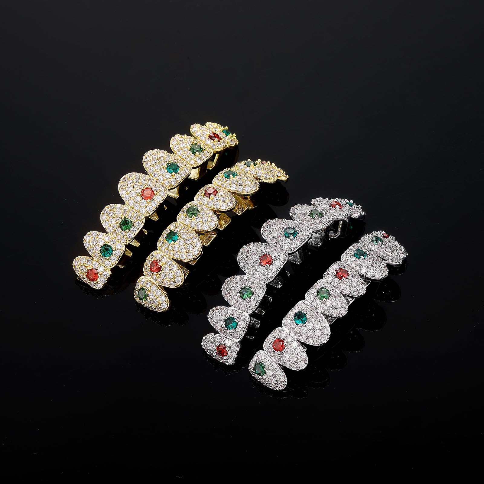 Iced Out Grillz dla mężczyzn i kobiet – hip-hopowe akcesoria do zębów w srebrnym i złotym stylu, ustnik do kostiumu rapera, z silikonowymi listwami, idealny do górnych zębów, stylowa błyszcząca moda