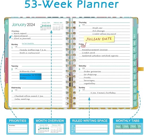 Miniatura 5 de Agenda 2024 A5 de enero de 2024 a diciembre de 2024, calendario mensual con pestañas y calcomanías, fechas julianas para profesores, escuela,