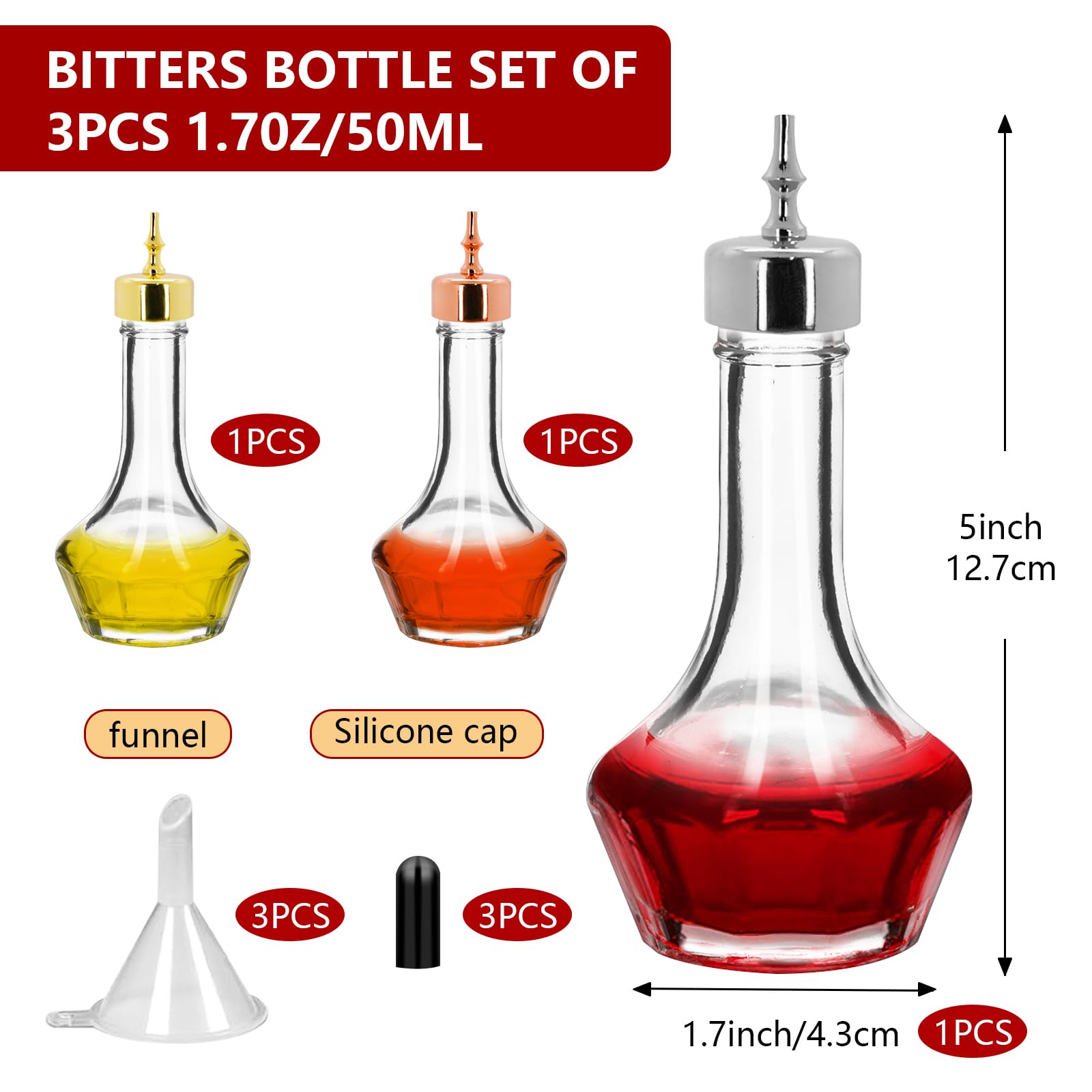eispap 3 Pcs Bitters Bottle, Glass Dasher Bottle 1.7oz, Decorative Professional Bar Tool for Cocktail Great for Bartender Home Bar Restaurant with Alloy Cap