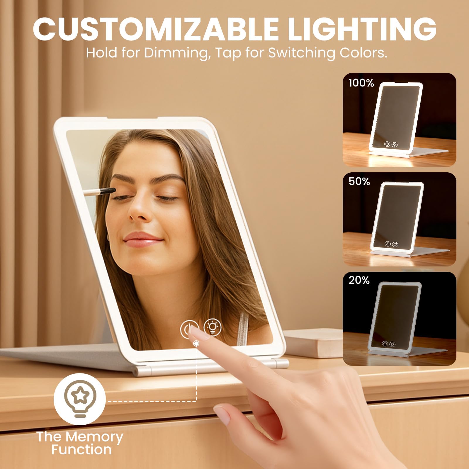 PERMUST Reisspiegel met licht, make-upspiegel met verlichting, opvouwbare make-up-reisspiegel 10 x vergrotingsspiegel, touchscreen, dimbaar met 3 lichtkleuren, tafelspiegel, staande spiegel