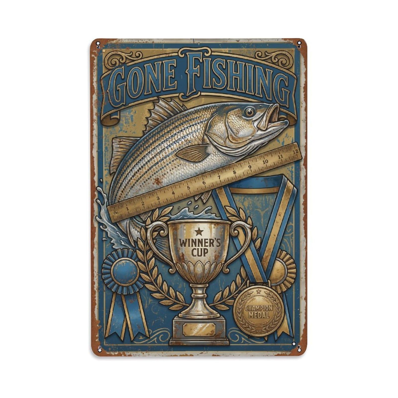 Gone Fishing Catch Trophy Vintage Metal Tin Sign Plaque Wall Decor for Cafe, Club, Garden Metal Poster 8x12Inch