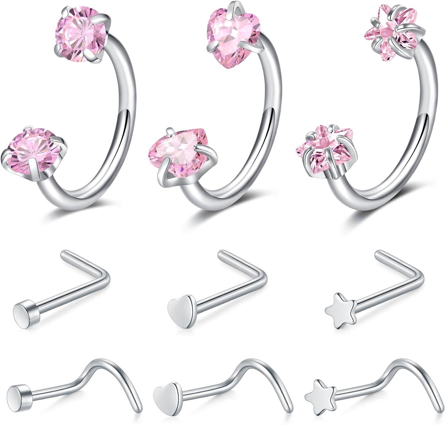 9-częściowy zestaw do piercingu 18G ze stali nierdzewnej w kształcie podkowy, pierścień do septum, pierścień nosowy w kształcie litery L, złoty, srebrny i różowe złoto, do nosa, septum, wargi