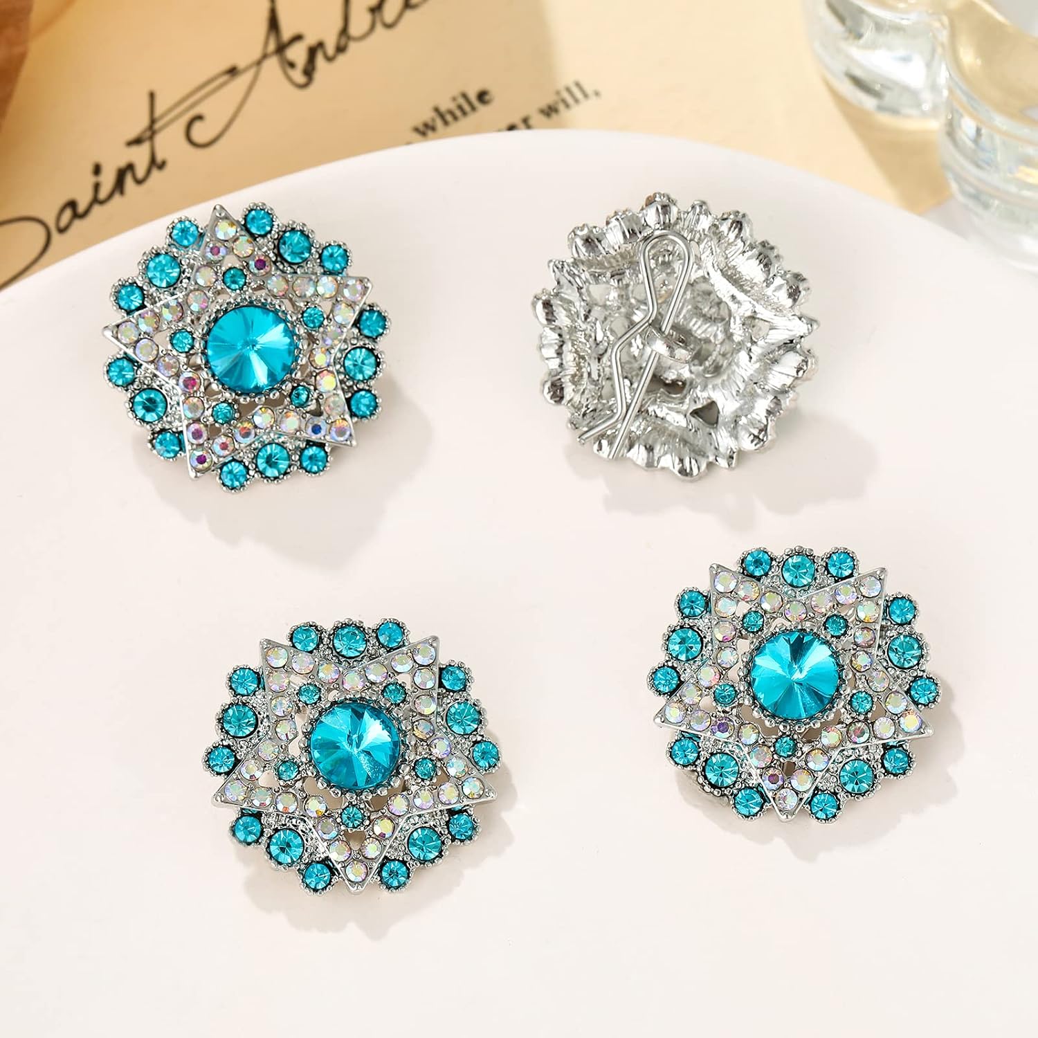 4Pcs Rhinestone Buttons Crystal Embellishments for Clothing Jewelry Making DIY Decoration Bottons for Sewing Crafts Wedding Bridal (Acid-Blue)