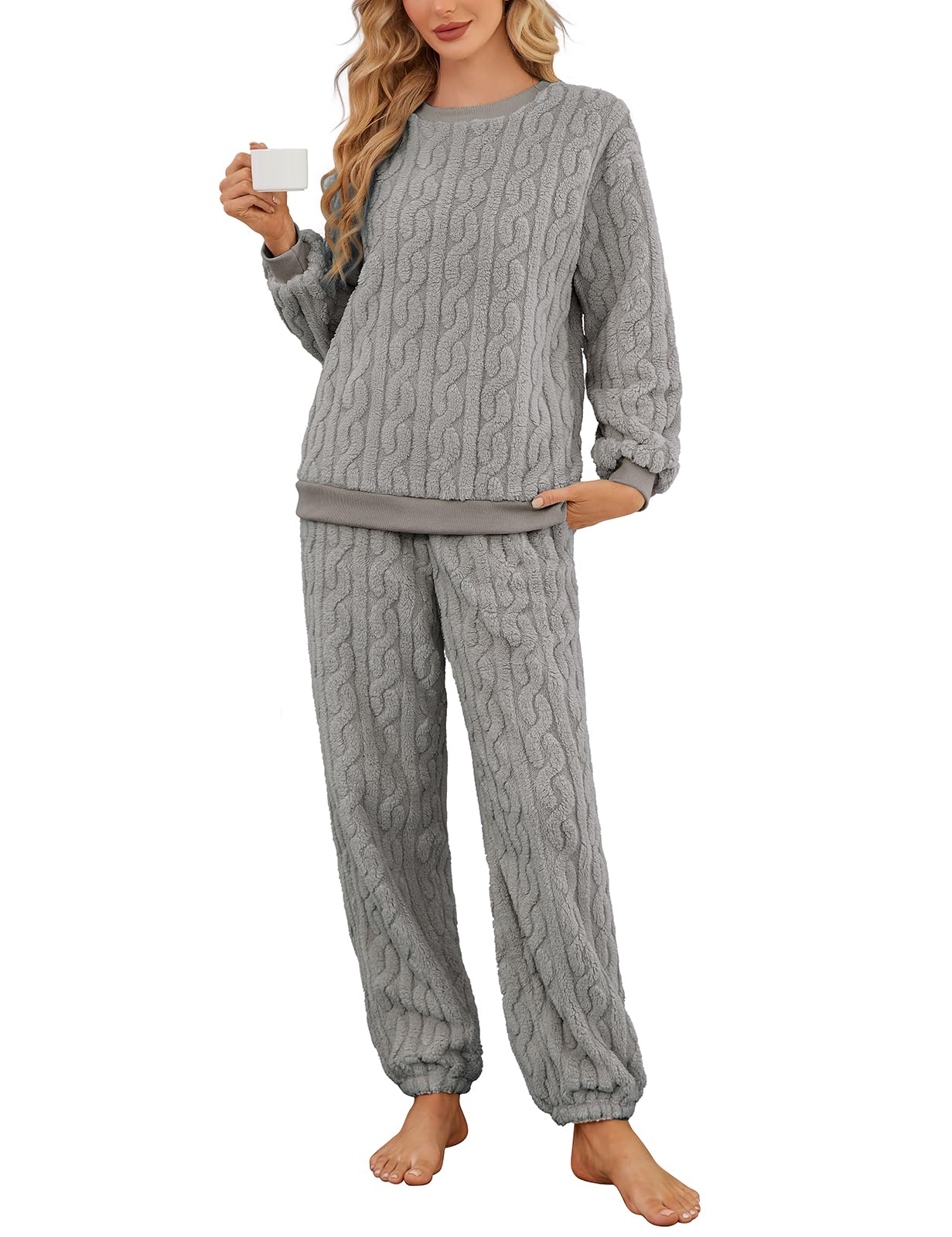 Niwicee Schlafanzug Damen Lang Thermo Pyjama Set Winter Fleece Hausanzug | Kuschelig Warmer Flanell Pyjama Nachtwäsche Zweiteiler Flauschig Lounge Anzug mit Sweatshirt und Hose Polar PjS S-XXL