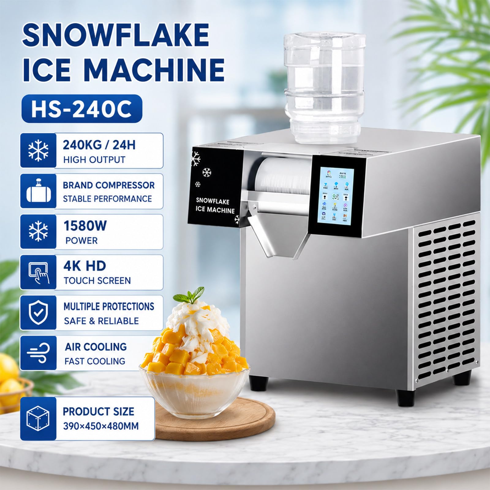 Automatische Elektrische Eismaschine Für Den Gewerblichen Einsatz, Schneeflockeneismaschine, Eiscrusher, 180–400 Kg/Tag, Luftkühlung, Qualitätskompressor Für Haushalt Und Gewerbe HS240Kg