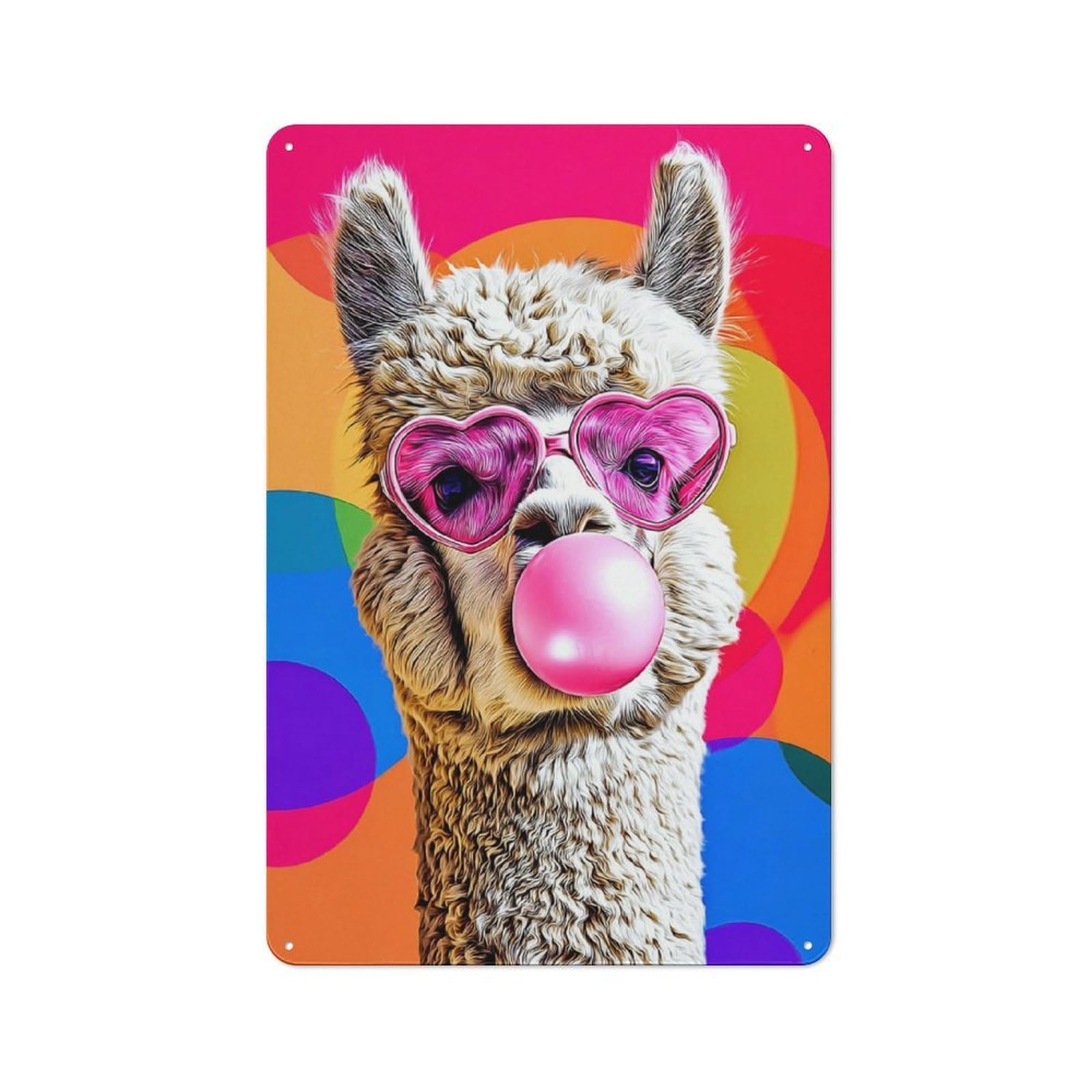 Junmoney Alpaca With Heart Glasses Blowing Bubble Gum -1 Vintage Metal Plaque 30X20cm For Home Office Or Studio, Seasonal Metal Wall Decor For Winter Interiors