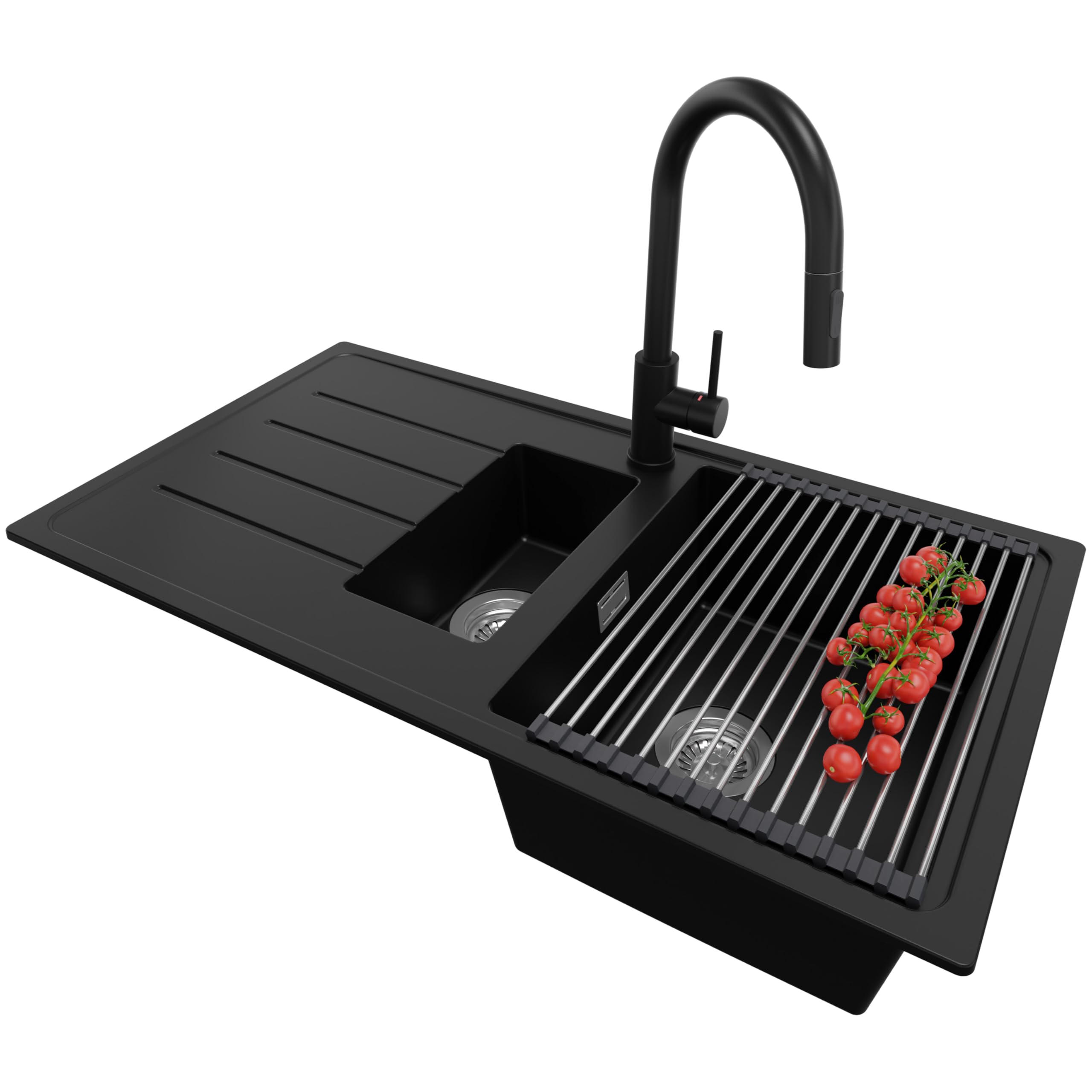 Fregadero granito negro 90x50cm de 1,5 senos para cocina con grifo monomando y juego de accesorios