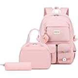 Big Student Backpack For School Teen Girls Middle High School Bookbag Elementary Backpacks with Lunch Bag (Pink)