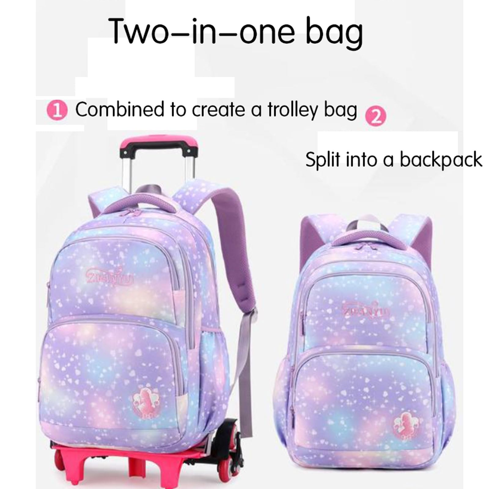 Sac à dos à roulettes pour fille ,Cartable à Roulettes Primaire ,Poignée réglable ,Plusieurs poches avant ,Avec compartiment pour bouteille d'eau,Imperméable ,pour Quotidien et Voyage 6-12 Ans