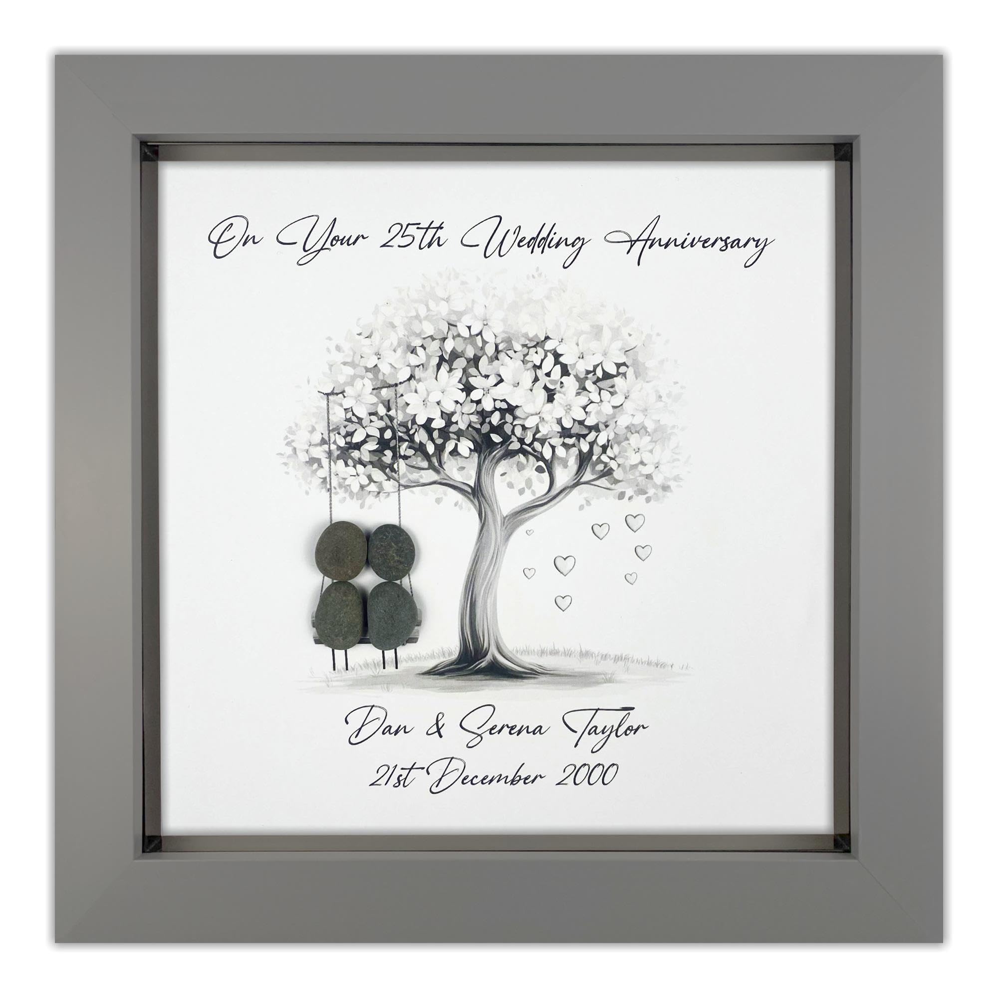 Handmade Personalised 25th Wedding Anniversary Pebble Art Gift, Silver Anniversary Pebble Picture Keepsake, Mr & Mrs Gift, Present for Couple on Swing (Grey Frame)
