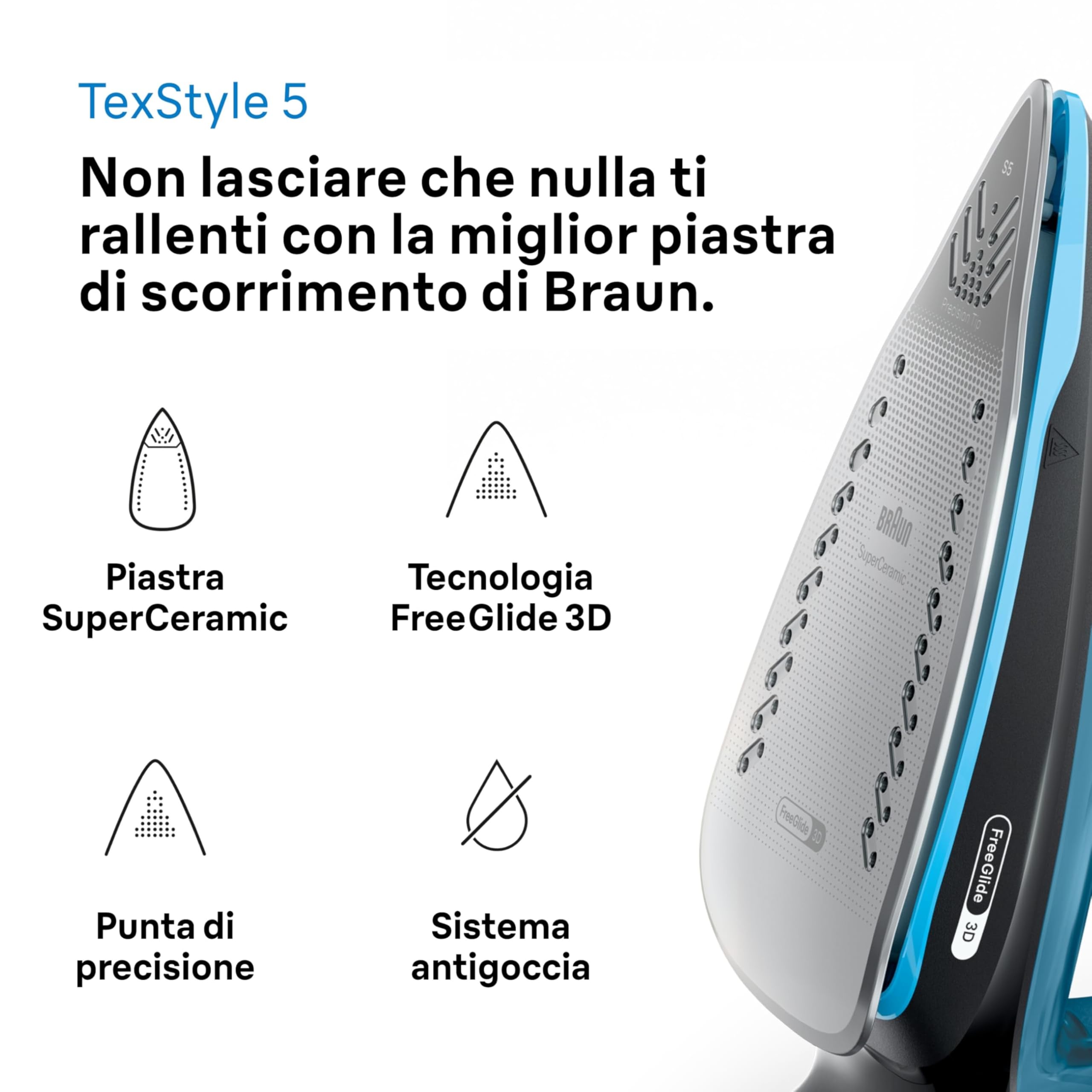 Braun TexStyle 5 SI5256BL, Ferro da Stiro con Piastra FreeGlide 3D SuperCeramic, Punta di Precisione, Manico Aperto Ergonomico, Ricarica 300ml, Sistema Antigoccia, Colpo Vapore 210 g/min, 2600W, Blu