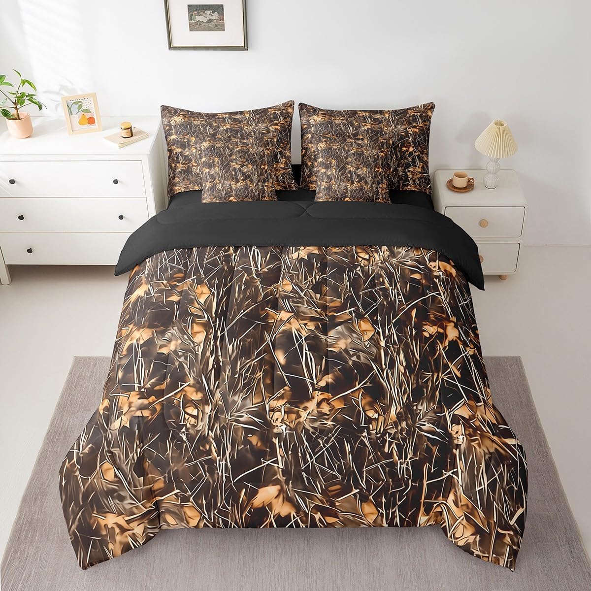 Feelyou Camouflage Bed in a Bag All Purpose Camo 7 Pieces Bedding Set for Hunters Cabin or Rustic Lodge Teens Boys The Woods Camouflage Queen Comforter Set with Sheets Comfort Natural Bed Set 3Pcs