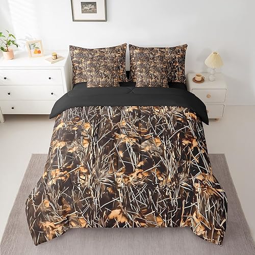 Feelyou Camouflage Bed in a Bag All Purpose Camo 7 Pieces Bedding Set for Hunters Cabin or Rustic Lodge Teens Boys The Woods Camouflage Queen Comforter Set with Sheets Comfort Natural Bed Set 3Pcs