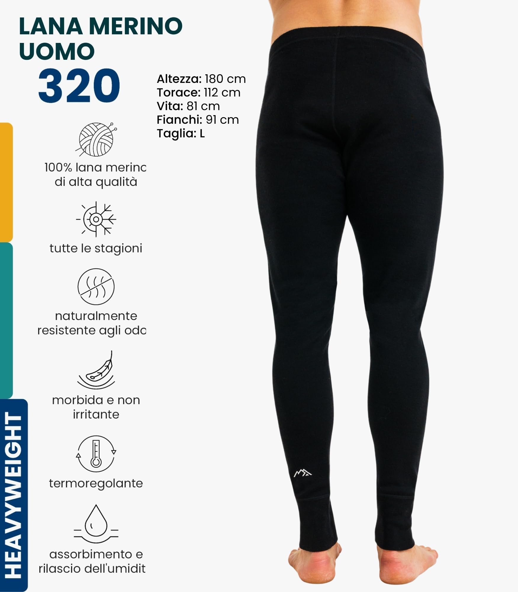 Merino.tech Pantaloni Termici Lana Merino Uomo - 100% Intimo Lana Merinos Uomo Leggero, Medio, Pesante con Calzini
