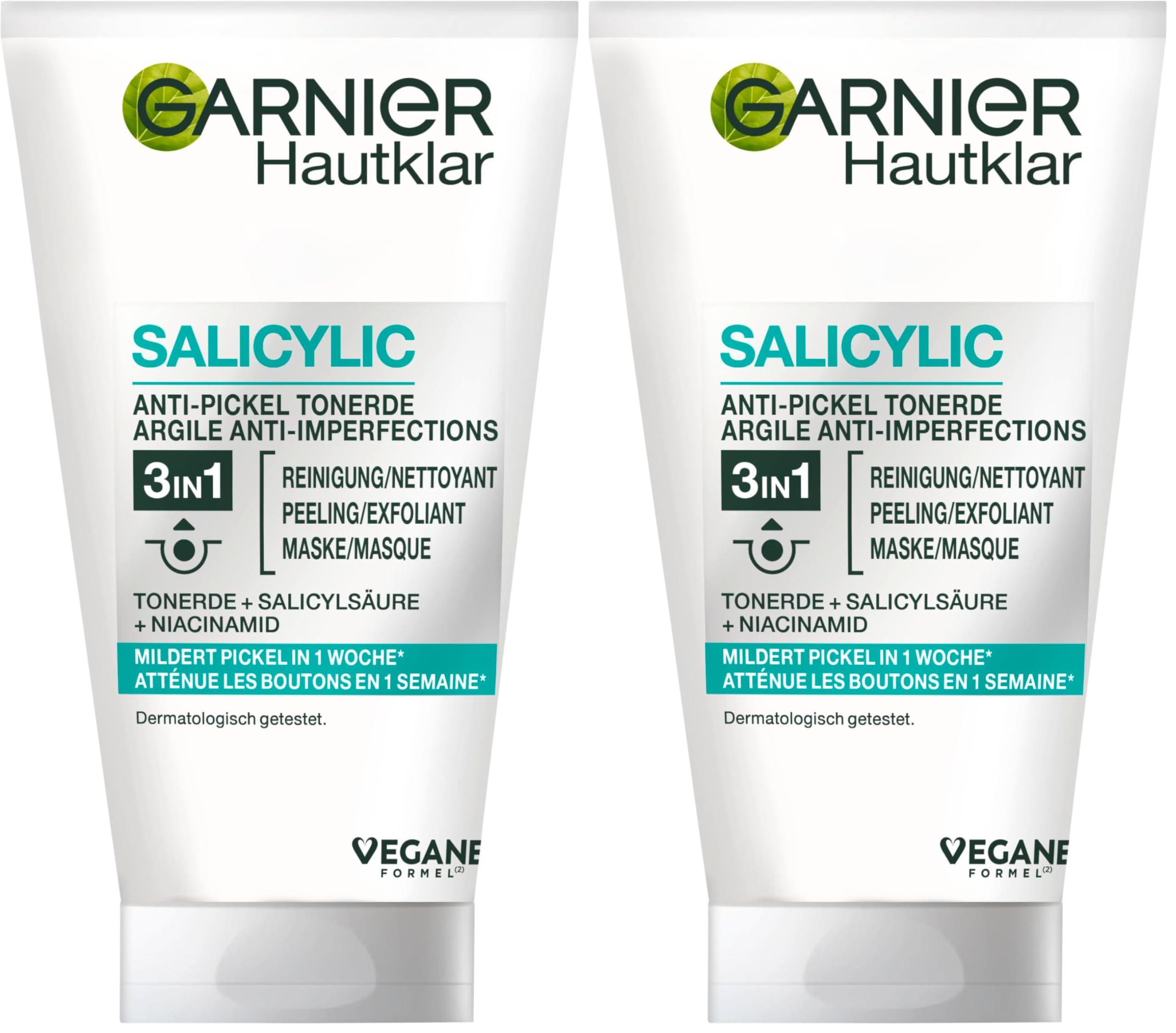 Garnier Hautklar 3 in 1 Gesichtsreinigung für unreine Haut, Reinigung, Peeling und Maske, Mit Salizylsäure und Tonerde, 1 x 150 ml (Packung mit 2)