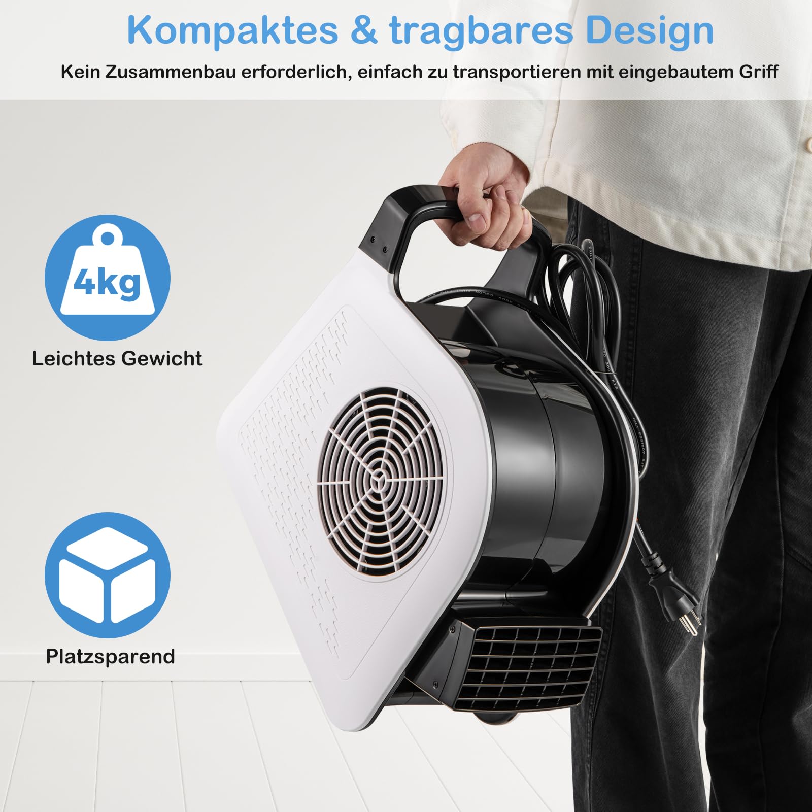 RELAX4LIFE Bodenventilator 130W, Bodengebläse mit 3 Geschwindigkeiten & 185° schwenkbarem Kopf, Floor Drying Fan zum Trocknen, Kühlen, Belüften, 2 AC-Steckdosen, Ventilator für Zuhause, Büro, Gym