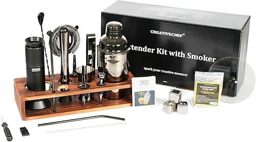 Kit de camarero con ahumador de cóctel, kit de ahumador de whisky de 16 piezas, juego de bar con coctelera, kit de barman con herramientas