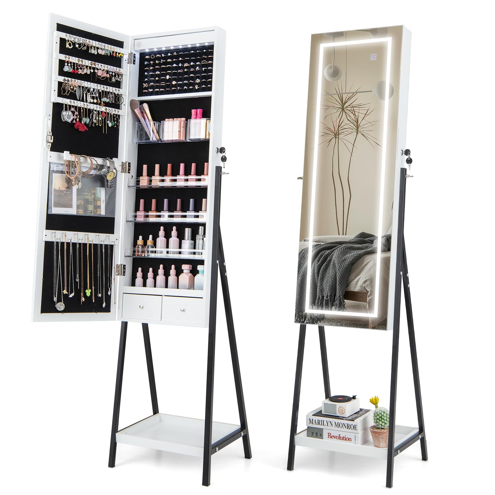 COSTWAY Armoire à Bijoux sur Pied, Miroir Pleine Longueur avec Lumières LED 3 Couleurs, Interrupteur Tactile, Porte Verrouillable(Blanc)