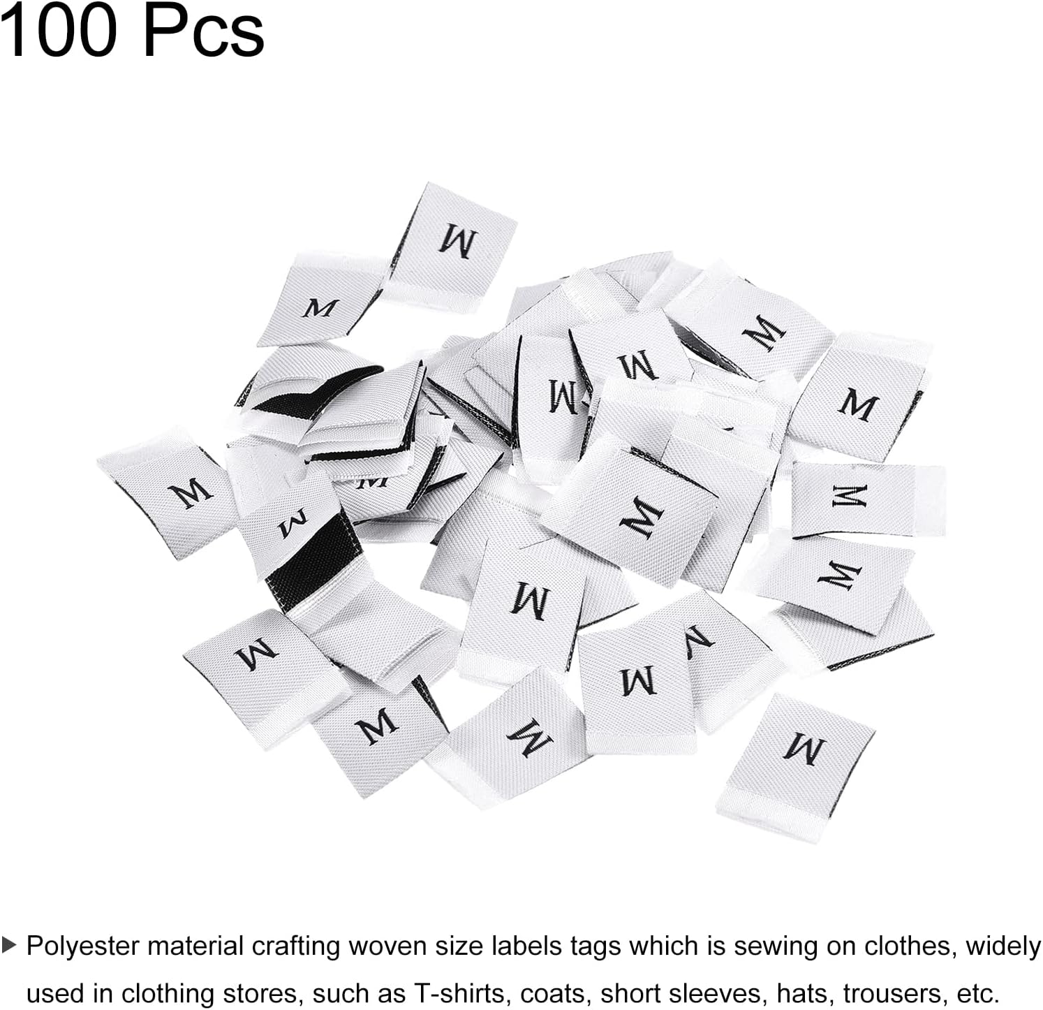 MECCANIXITY Clothing Sewing Size Label, M Sizes Woven Embroidered Label White for Clothes Garment, Pack of 100