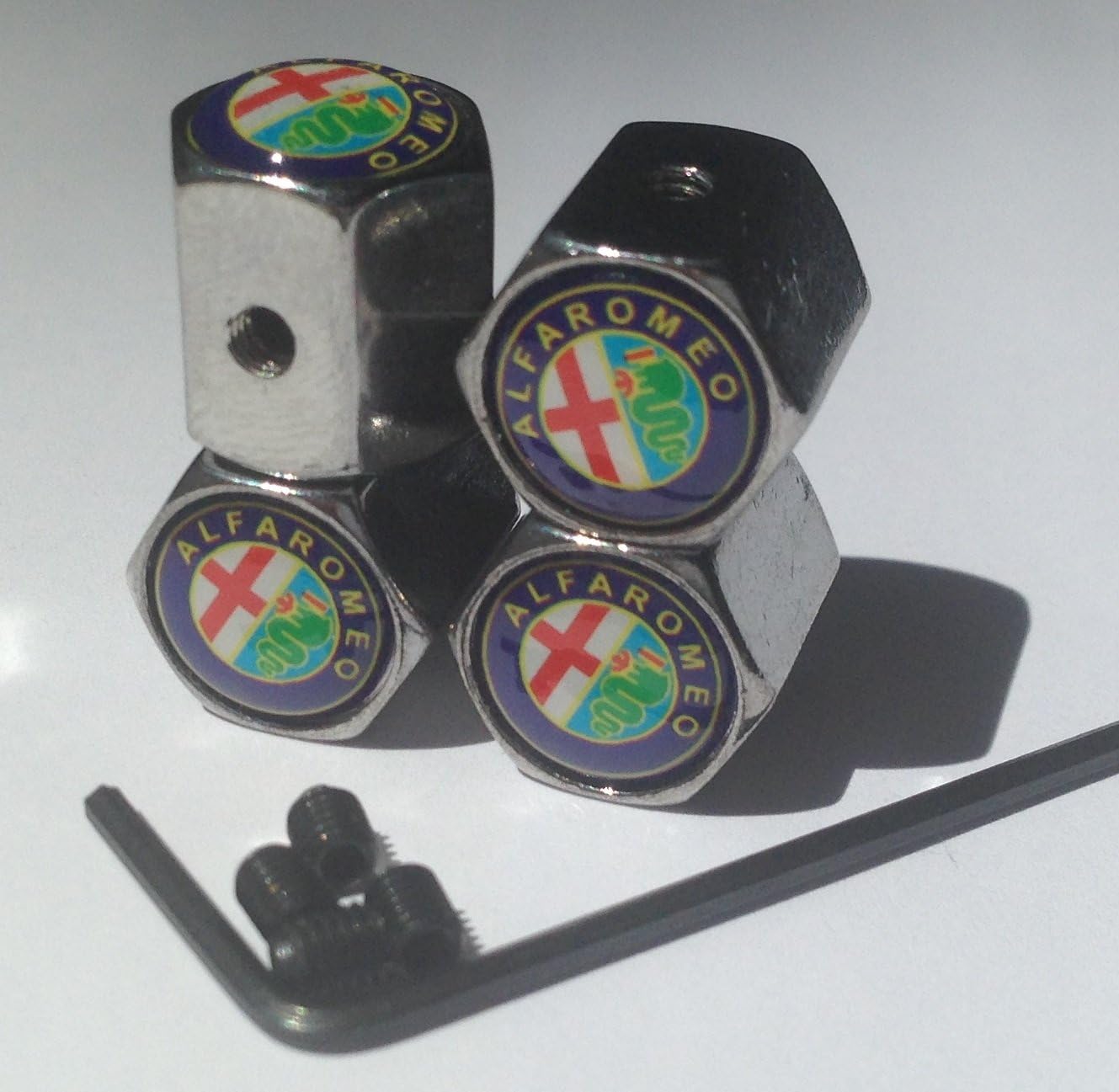 ALFA ROMEO CHROME ANTI THEFT ALLOY WHEELS TYRE VALVE CAPS DUCT COVER