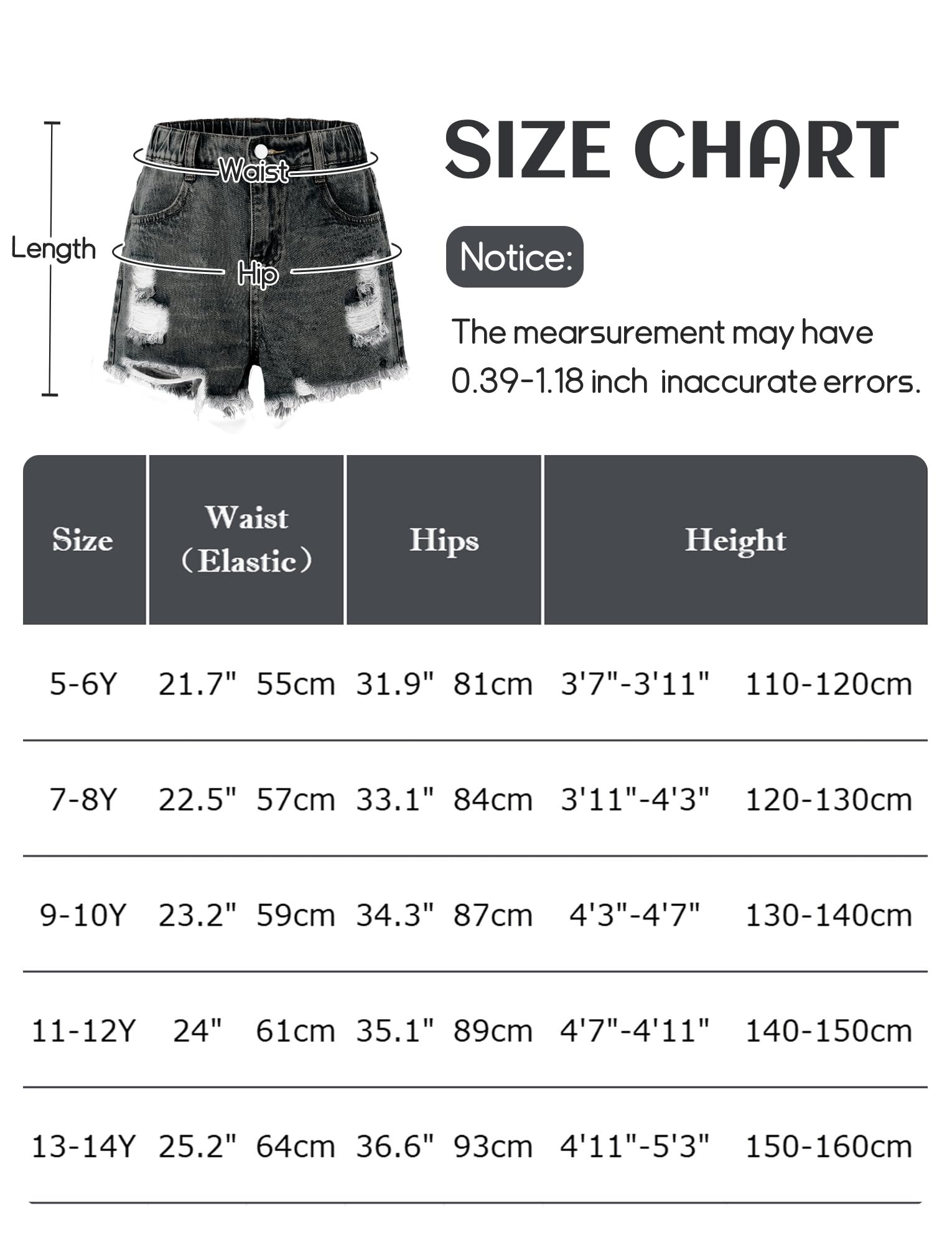 Happy Cherry Fille Short en Jean Déchiré Été Taille Élastique Pantalon Court Denim Décontracté avec Poches pour Enfants 5 à 14 Ans