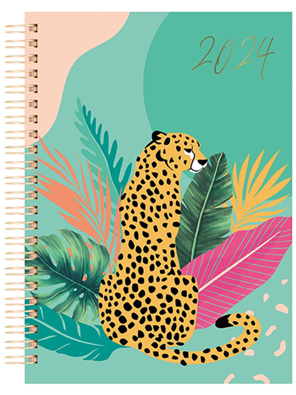 Tallon 2024 A5 Hardcover Diary Week to View Planner Green Stylish Jungle Leopard Design