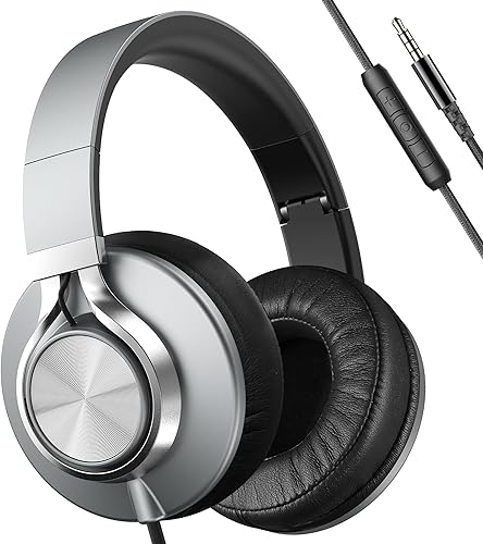 AILIHEN Auriculares con cable con micrófono y control de volumen, aislamiento de ruido sobre la oreja para adultos y adolescentes, plegables,