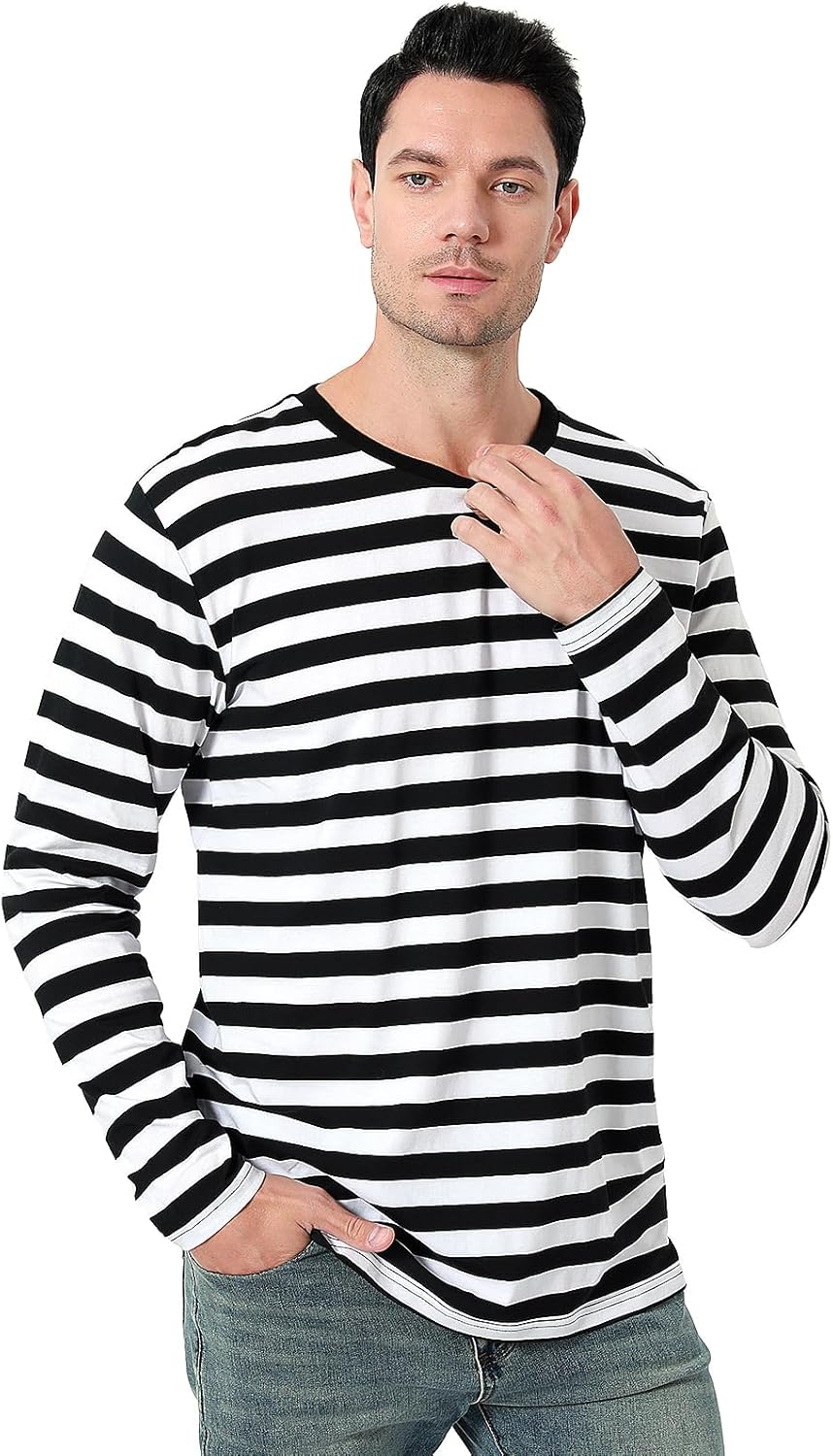 Funny World Men's Striped Cotton Long Sleeve T-Shirts Casual Crewneck Basic Tee - Image 2