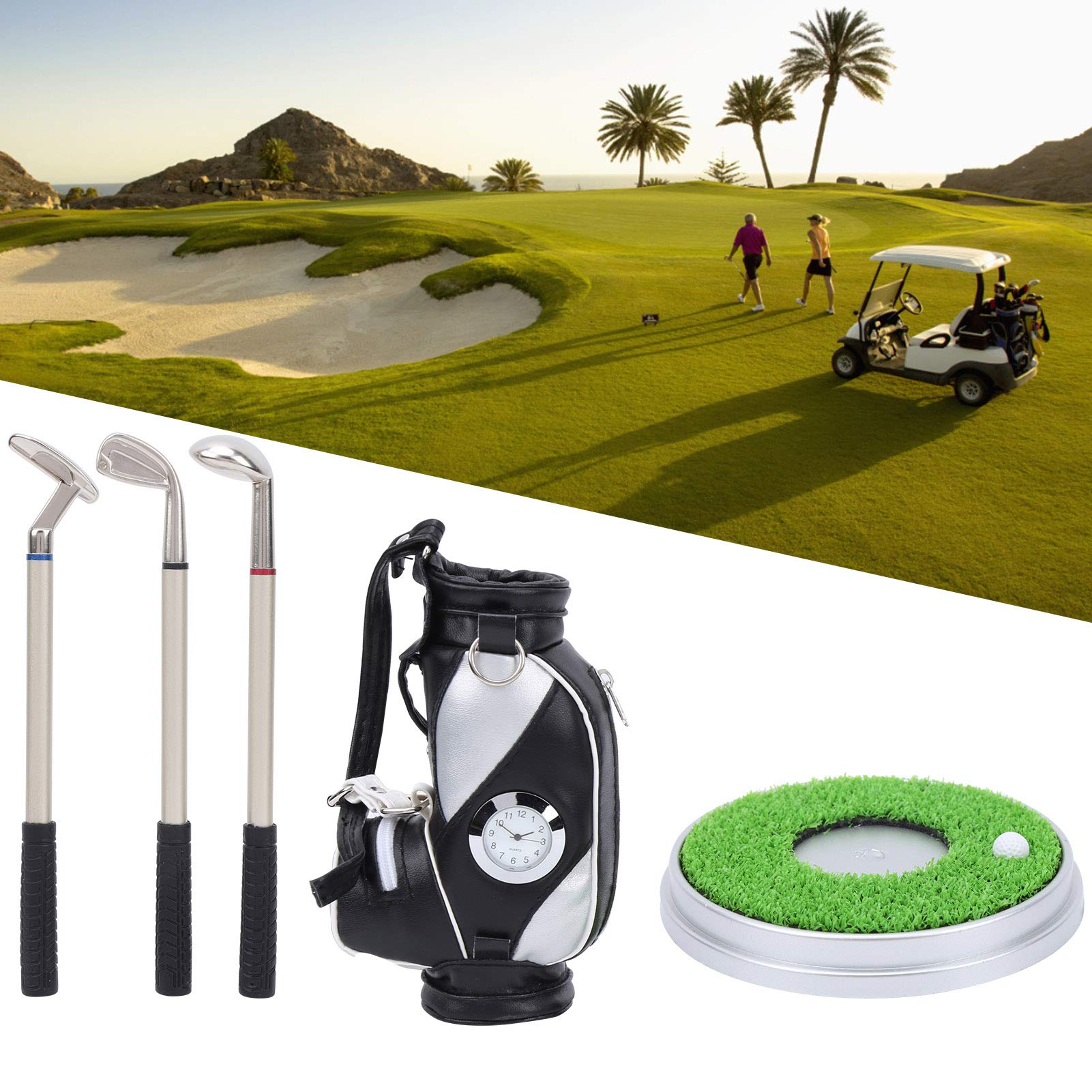 RiToEasysports Golftaschenstifthalter und -Basis, Mini Desktop Golftaschenstifthalter Miniaturmodell Dekoration Neuheit Geschenkset,Golf Stifte Geschenkset(Schwarzes Silber)