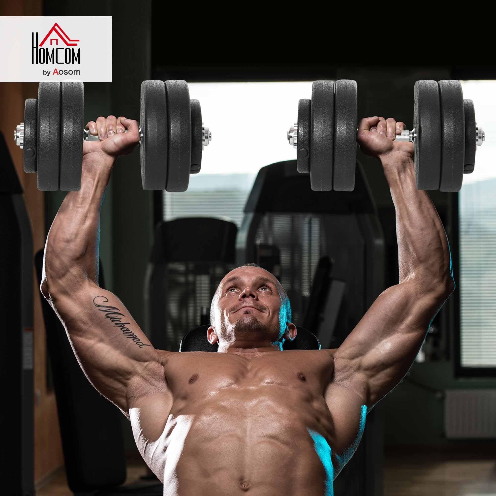 HOMCOM Zestaw 2 krótkich hantli 50 kg, zestaw hantli krótkich z 2 hantlami krótkimi, 12 obciążnikami i 4 zapięciami gwiazdowymi, do treningu siłowego, fitnessu, stali, kolor czarny