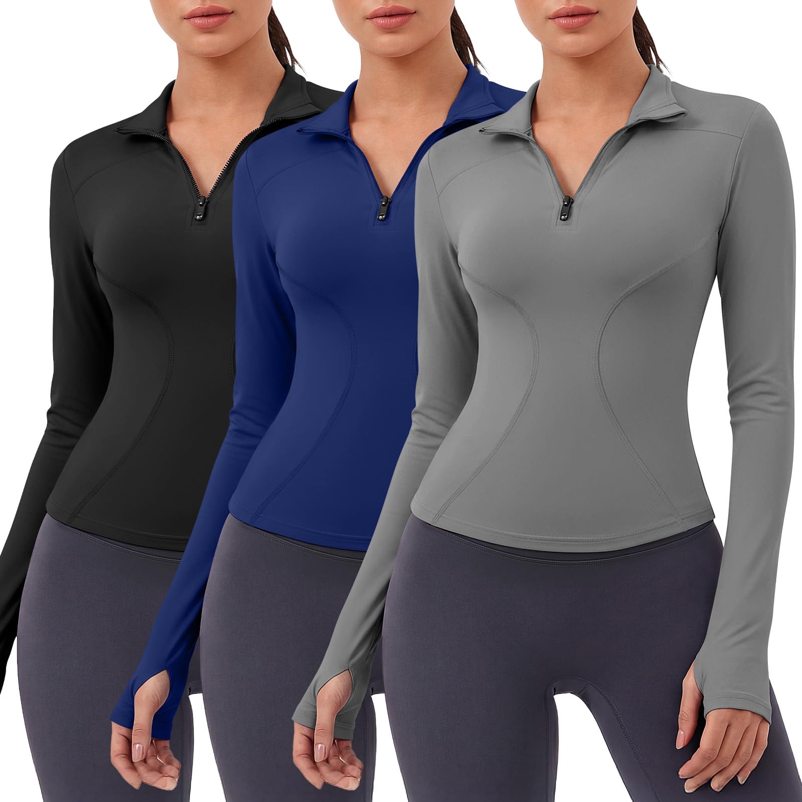 Coume 3 Pack Women Workout Jacket Slim Fit Cropped Jacket Quarter Zip Athletic Tops Thumb Hole for Running